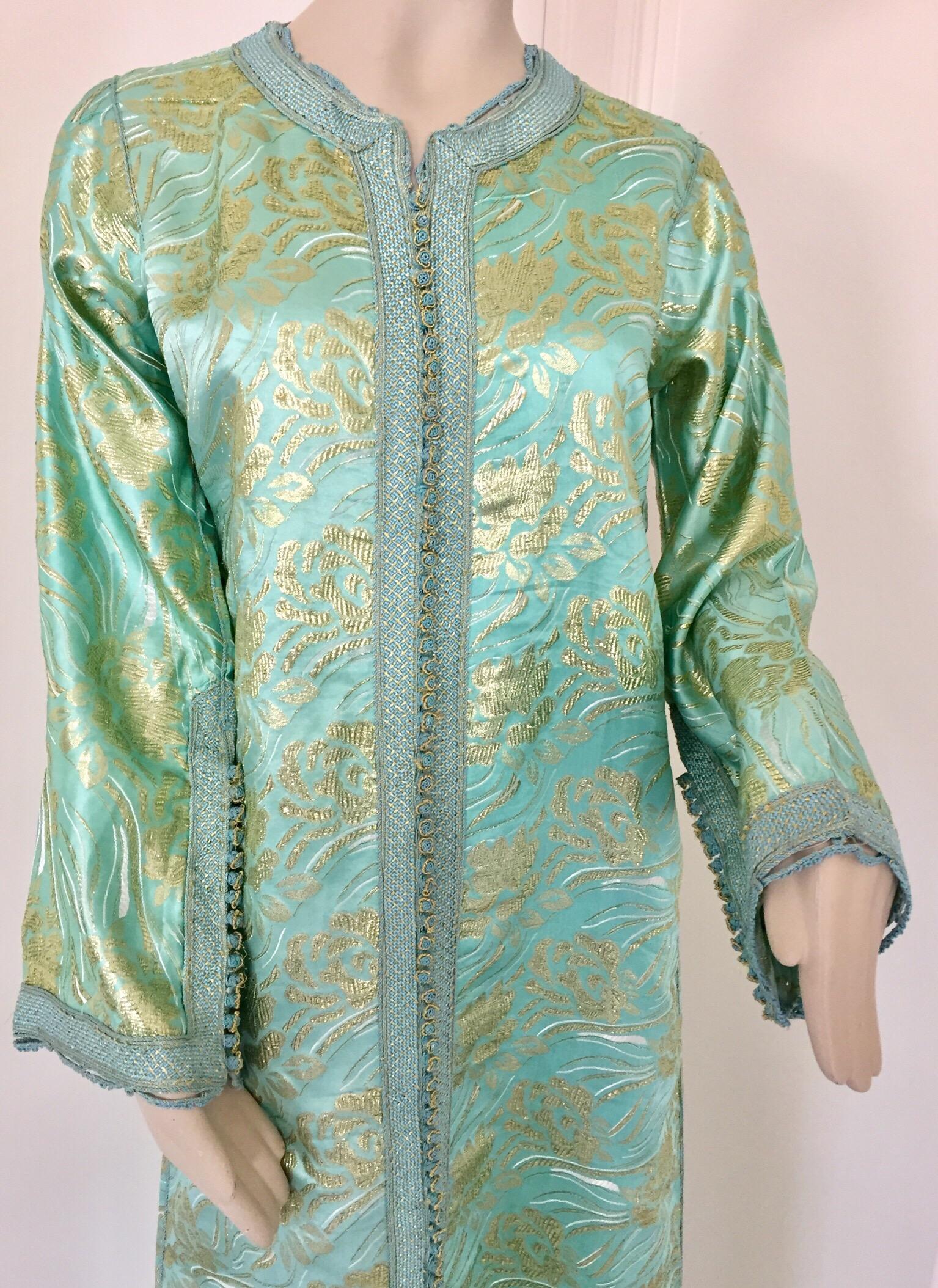 Moorish Moroccan Vintage Kaftan in Turquoise and Gold Floral Brocade Metallic Lame - 1 For Sale
