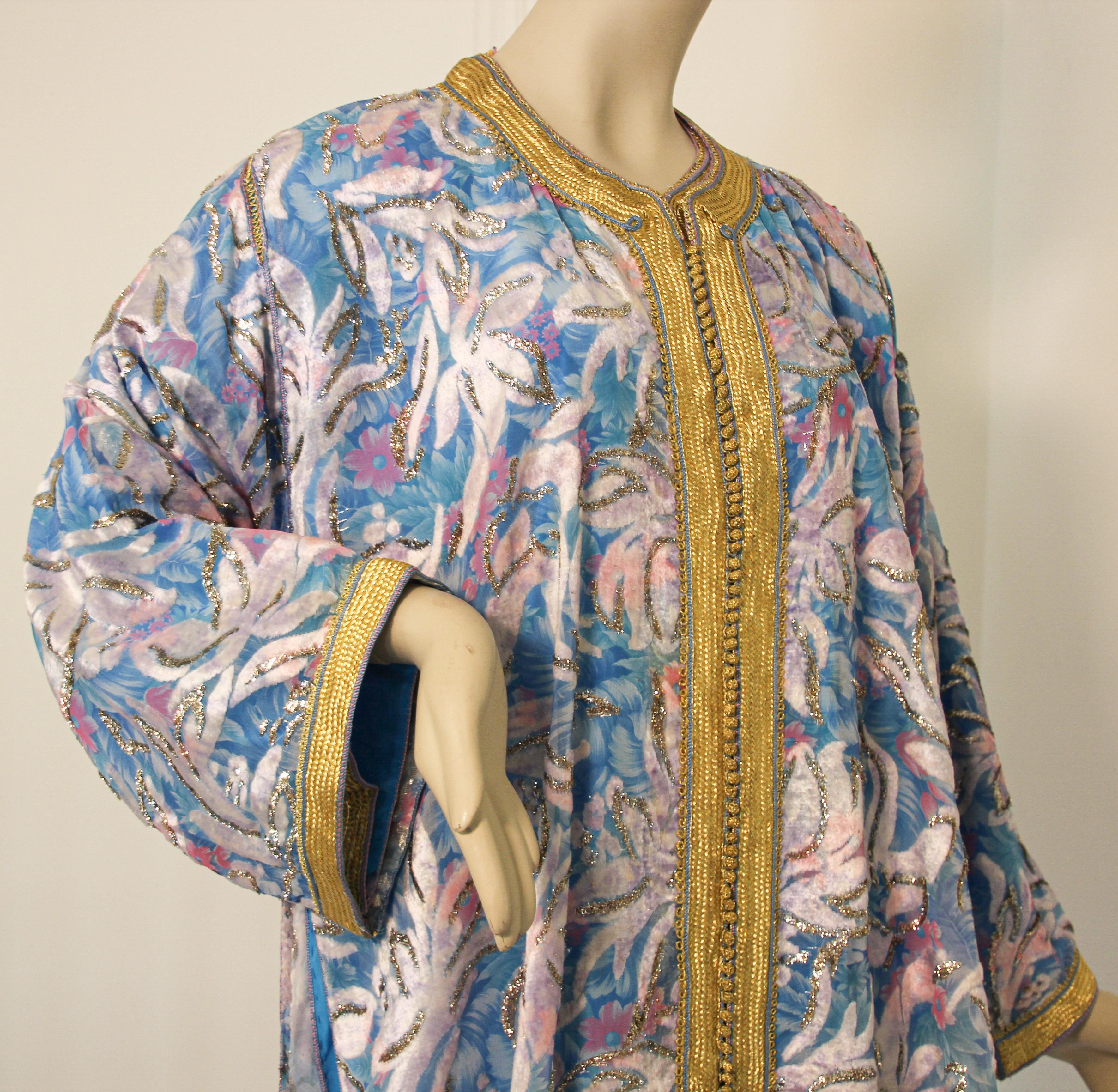 Gray Moroccan Kaftan in Turquoise and Gold Floral Brocade Metallic Lame For Sale