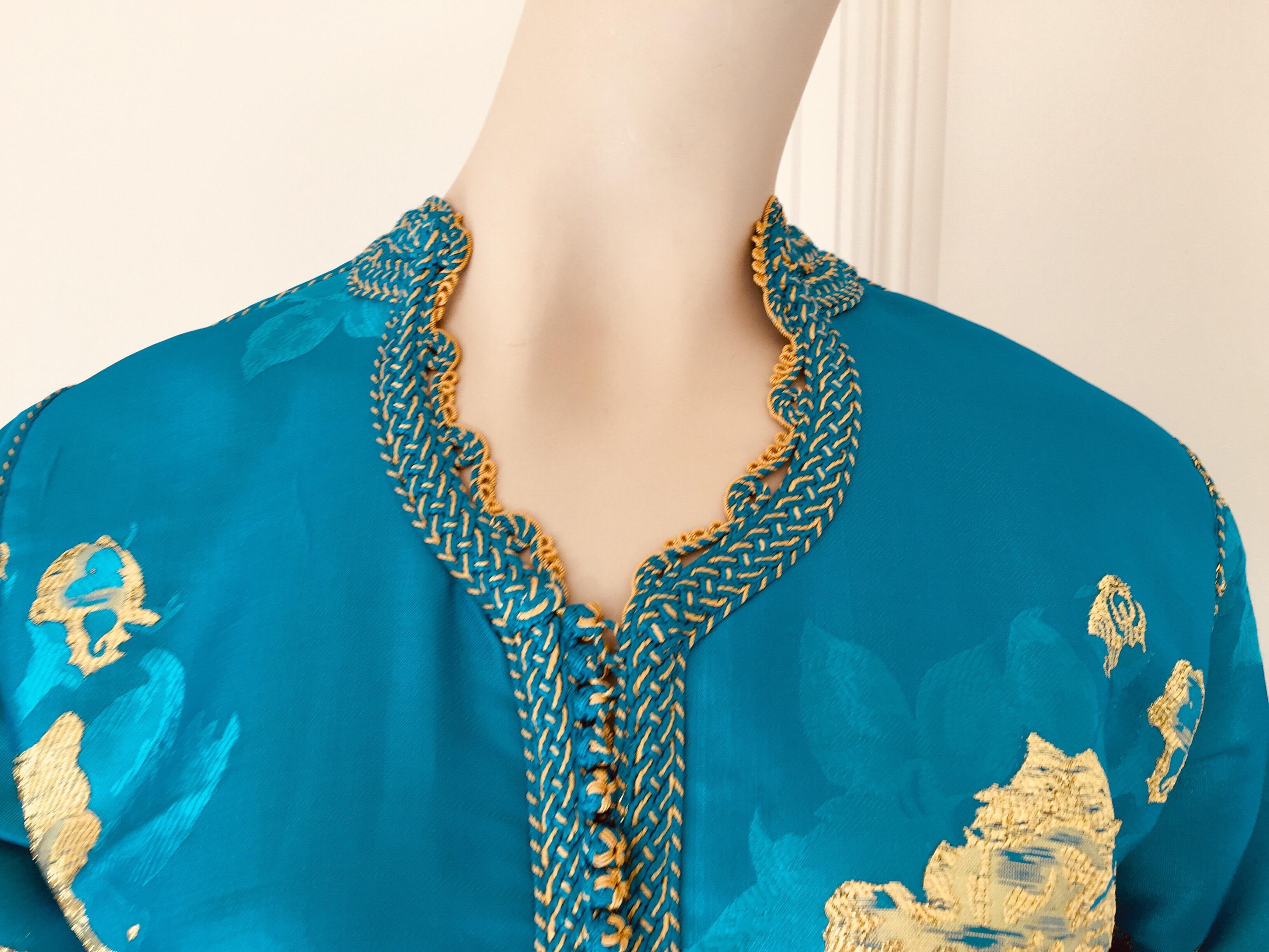 Moroccan Kaftan in Turquoise and Gold Floral Brocade Metallic Lame In Good Condition In North Hollywood, CA
