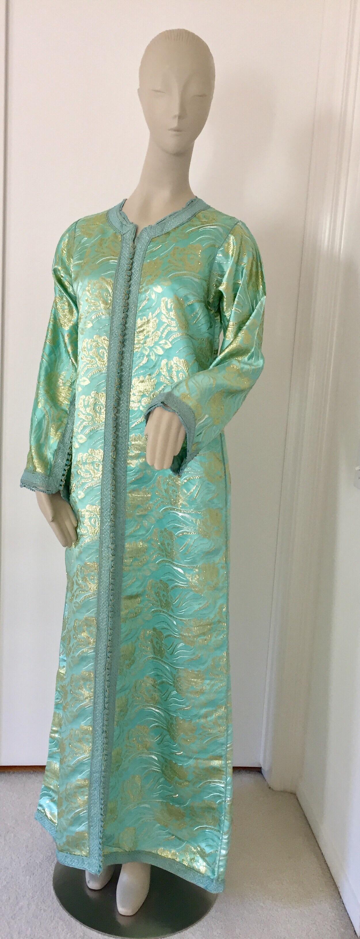 Gray Moroccan Kaftan in Turquoise and Gold Floral Brocade Metallic Lame For Sale