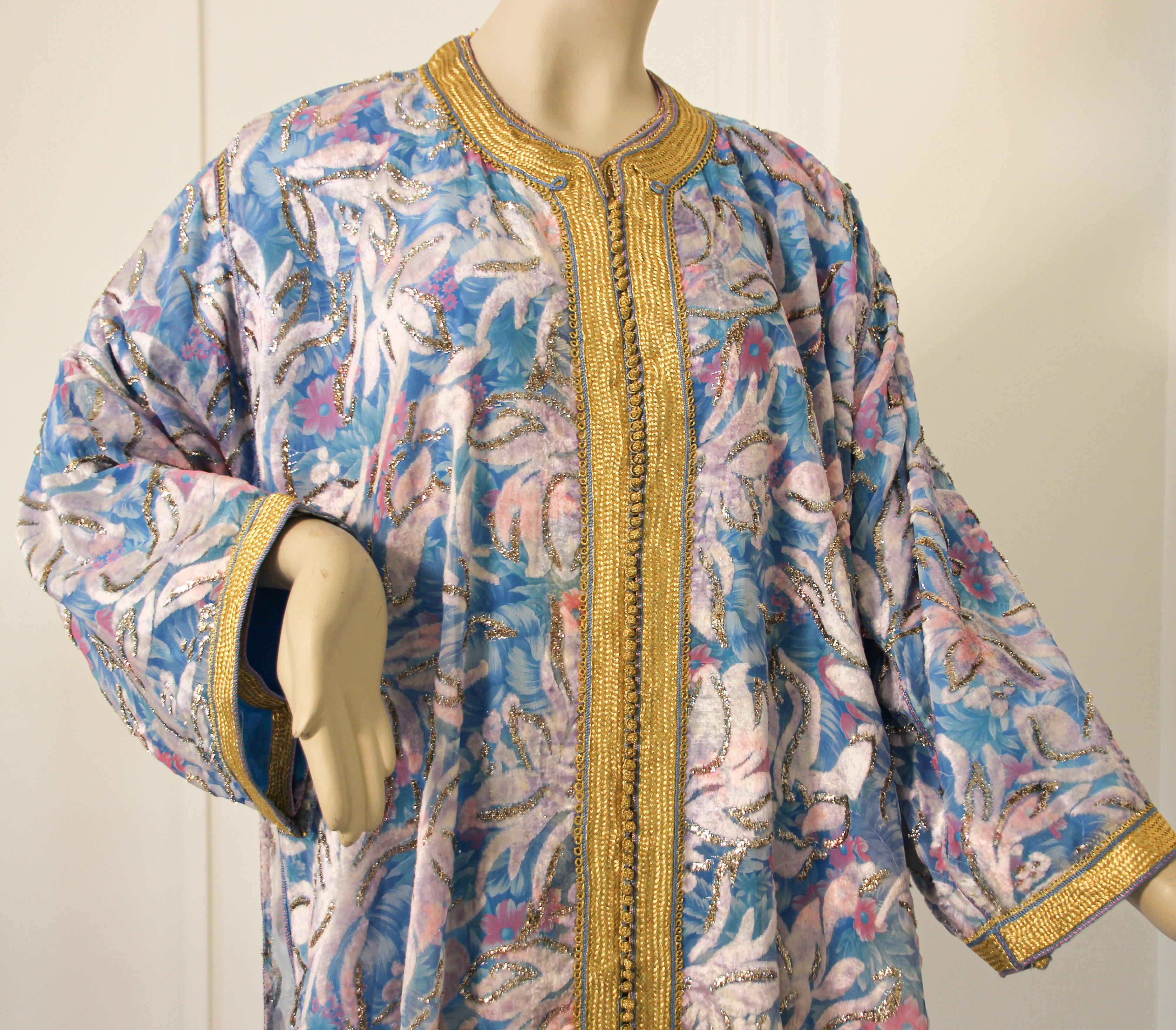 20th Century Moroccan Kaftan in Turquoise and Gold Floral Brocade Metallic Lame For Sale