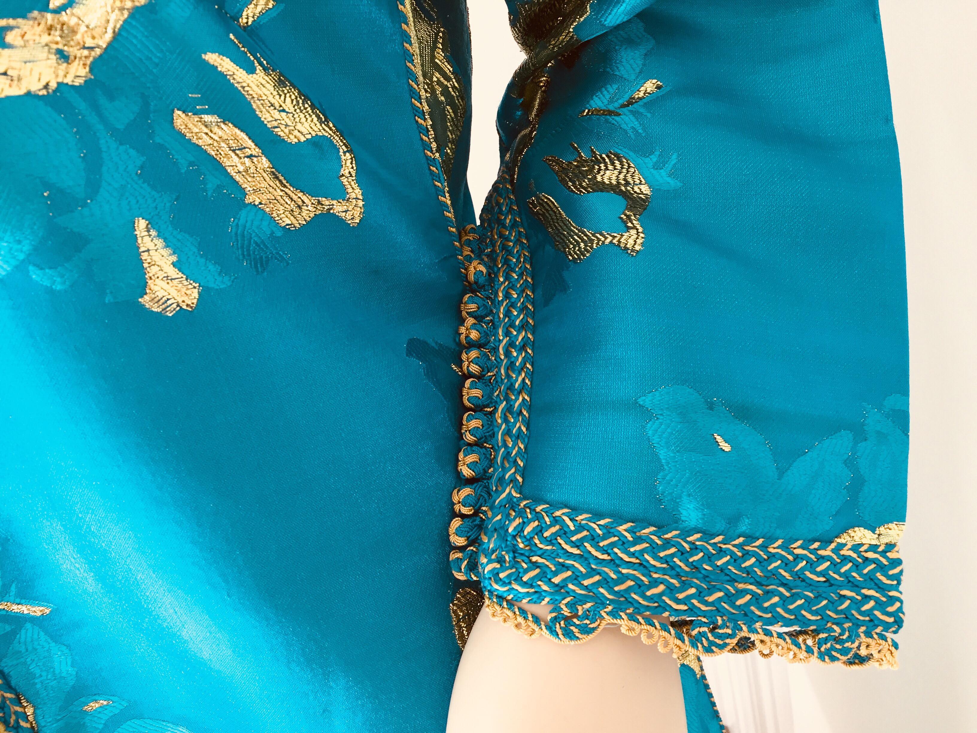 Women's Moroccan Kaftan in Turquoise and Gold Floral Brocade Metallic Lame