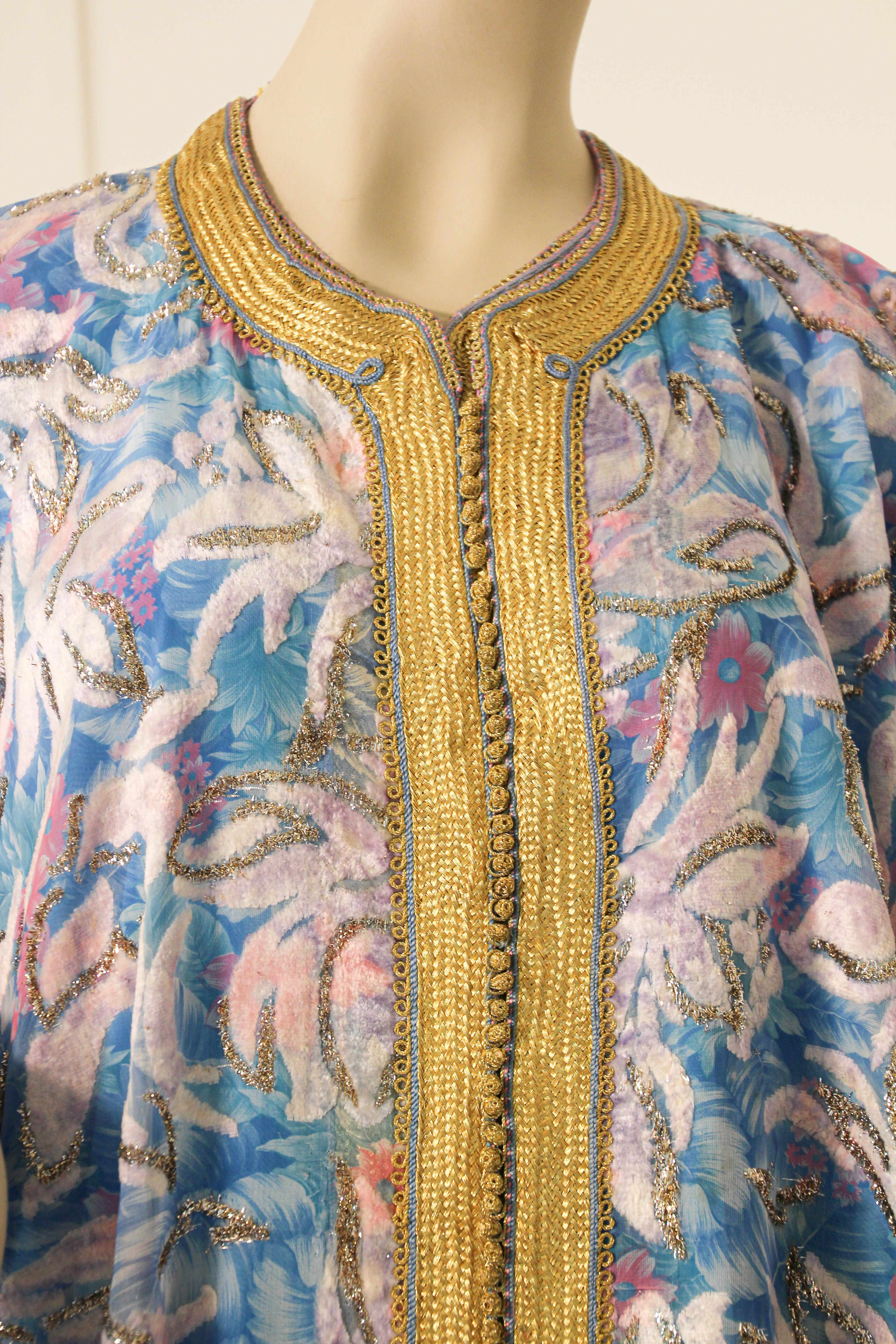 Women's Moroccan Kaftan in Turquoise and Gold Floral Brocade Metallic Lame For Sale