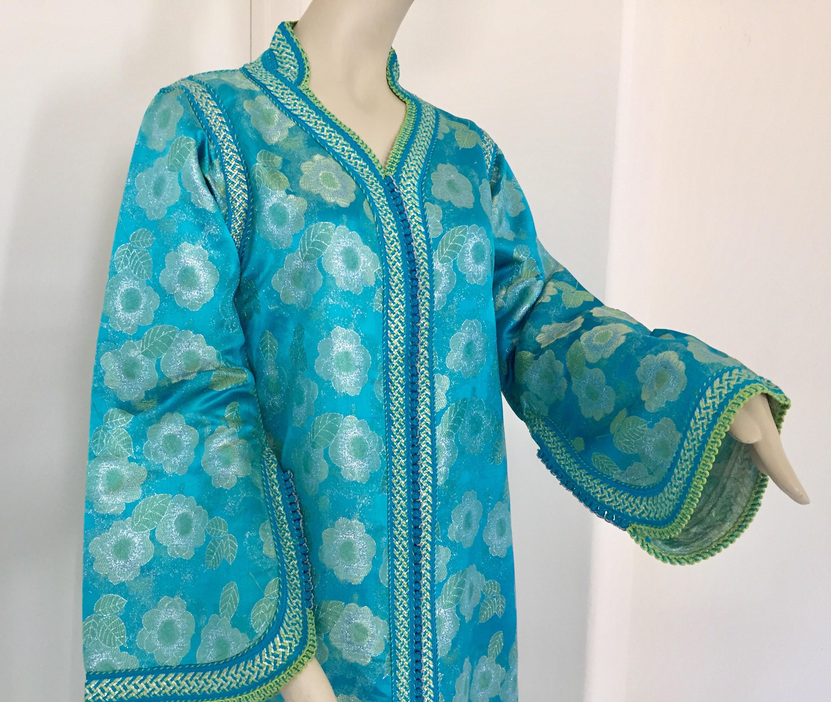 Hand-Crafted Vintage Moroccan Kaftan in Turquoise and Gold Floral Brocade For Sale