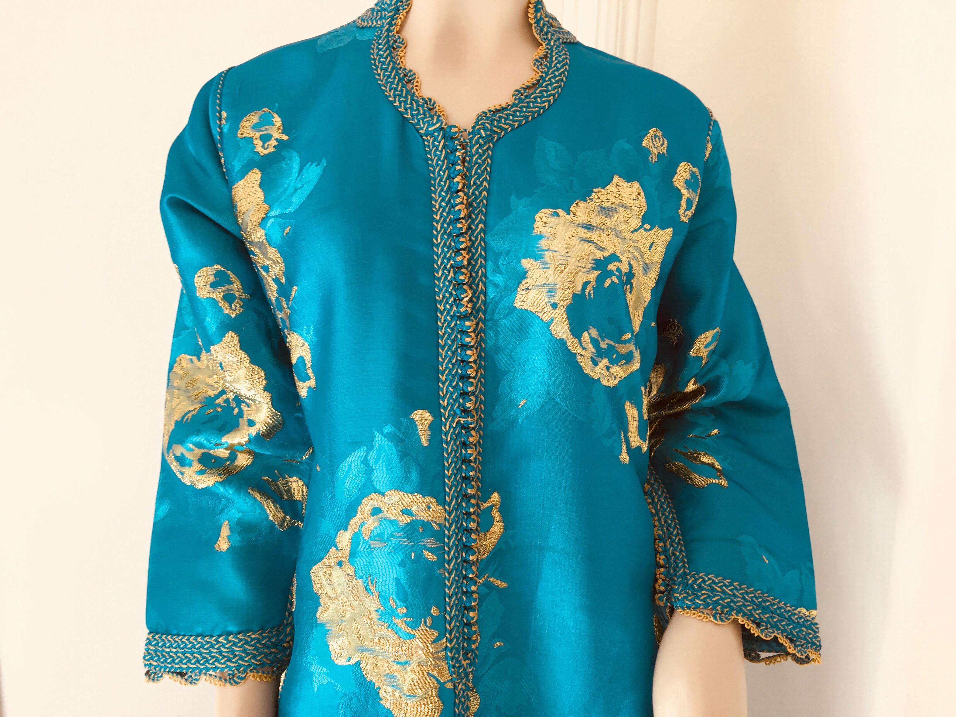 Moroccan Kaftan in Turquoise and Gold Floral Brocade Metallic Lame 1