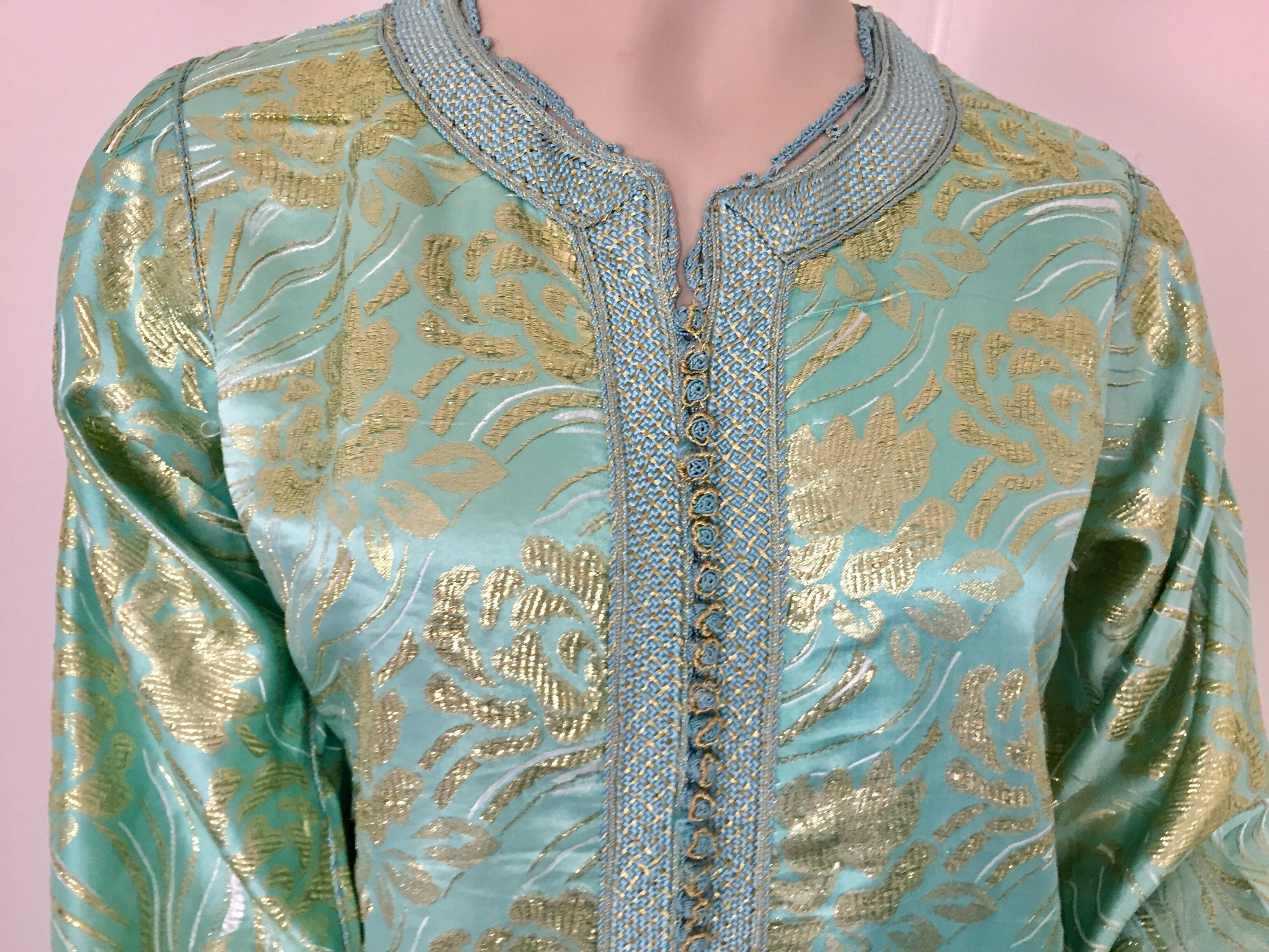 Women's Moroccan Kaftan in Turquoise and Gold Floral Brocade Metallic Lame For Sale