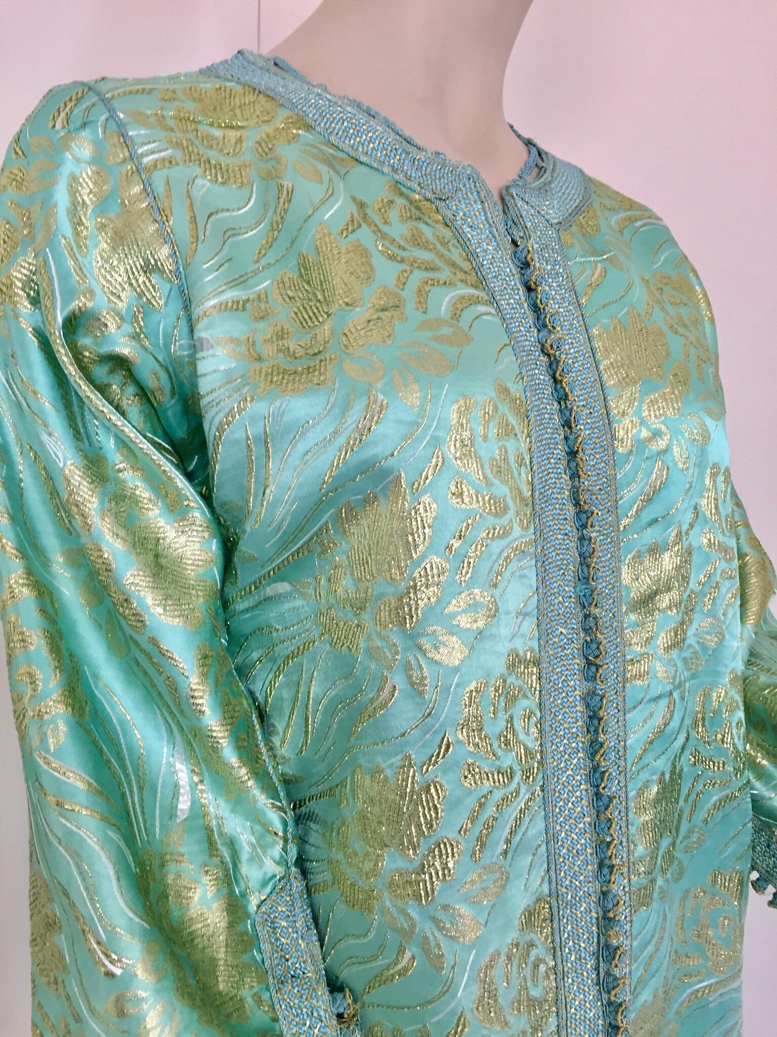 Moroccan Kaftan in Turquoise and Gold Floral Brocade Metallic Lame For Sale 1