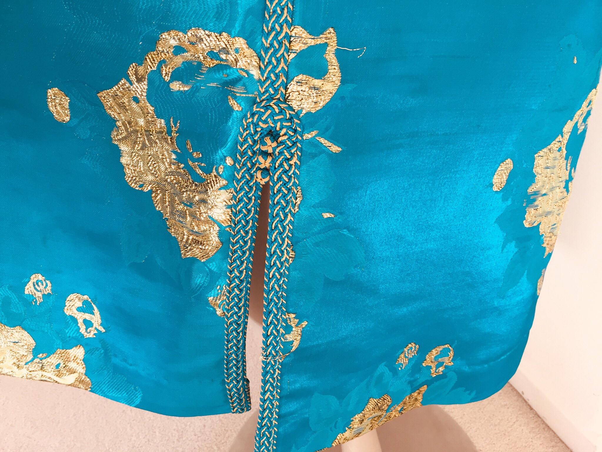 Moroccan Vintage Kaftan in Turquoise and Gold Floral Brocade Metallic Lame 2