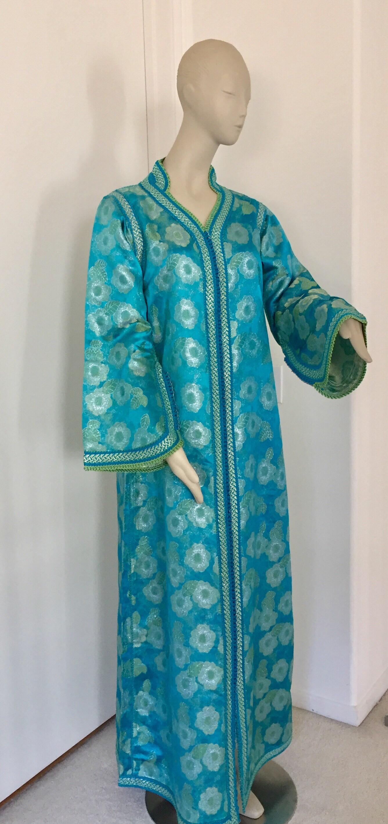 20th Century Vintage Moroccan Kaftan in Turquoise and Gold Floral Brocade For Sale
