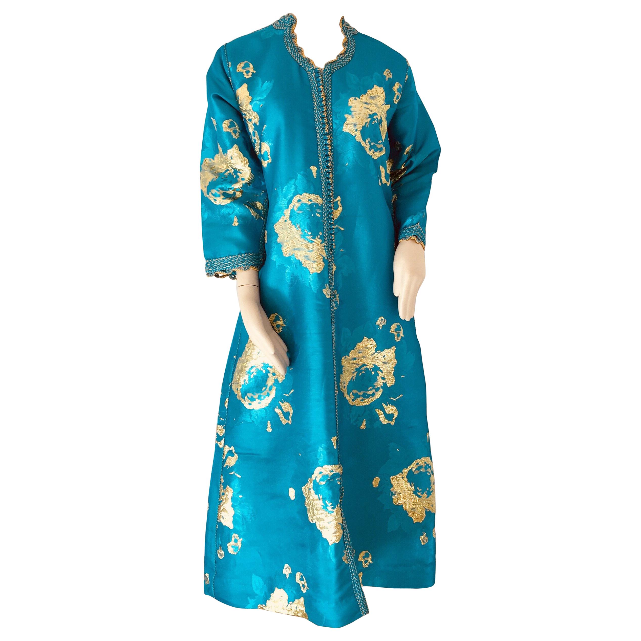 Moroccan Vintage Kaftan in Turquoise and Gold Floral Brocade Metallic Lame