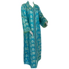 Vintage Moroccan Kaftan in Turquoise and Gold Floral Brocade