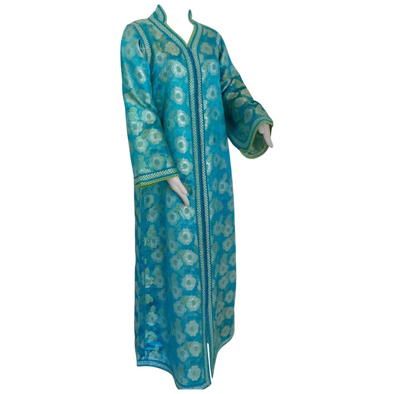 Moroccan Kaftan in Turquoise and Gold Floral Brocade Metallic Lame For Sale