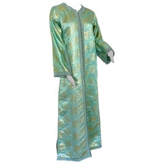 Moroccan Vintage Kaftan in Turquoise and Gold Floral Brocade Metallic Lame - 1
