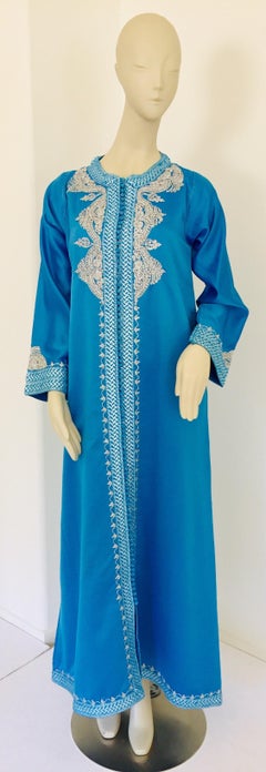 Turquoise Blue Moroccan Kaftan, Hand-Crafted Moorish Style, 1970