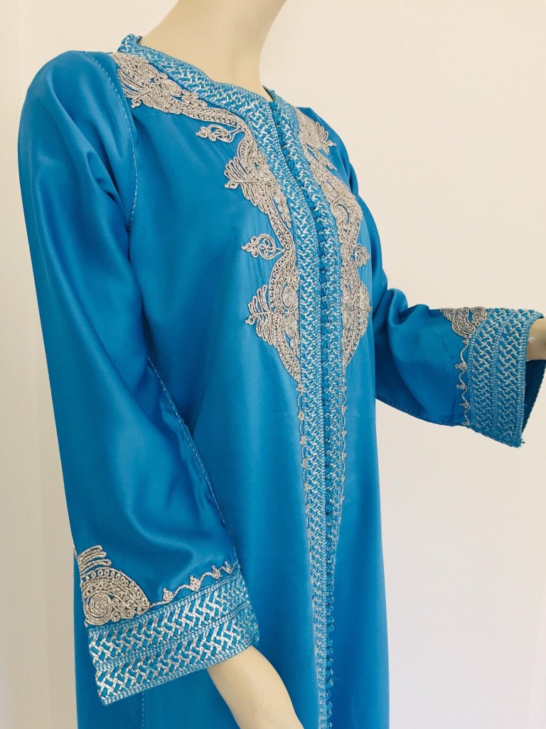 Moroccan Kaftan in Turquoise Blue and Silver For Sale at 1stDibs