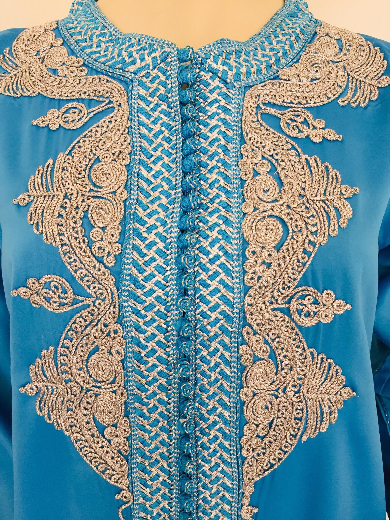 Moorish Moroccan Kaftan in Turquoise Blue and Silver For Sale