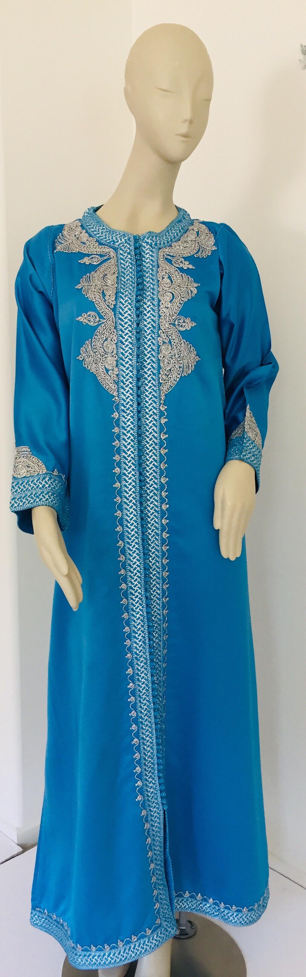 20th Century Moroccan Kaftan in Turquoise Blue and Silver For Sale