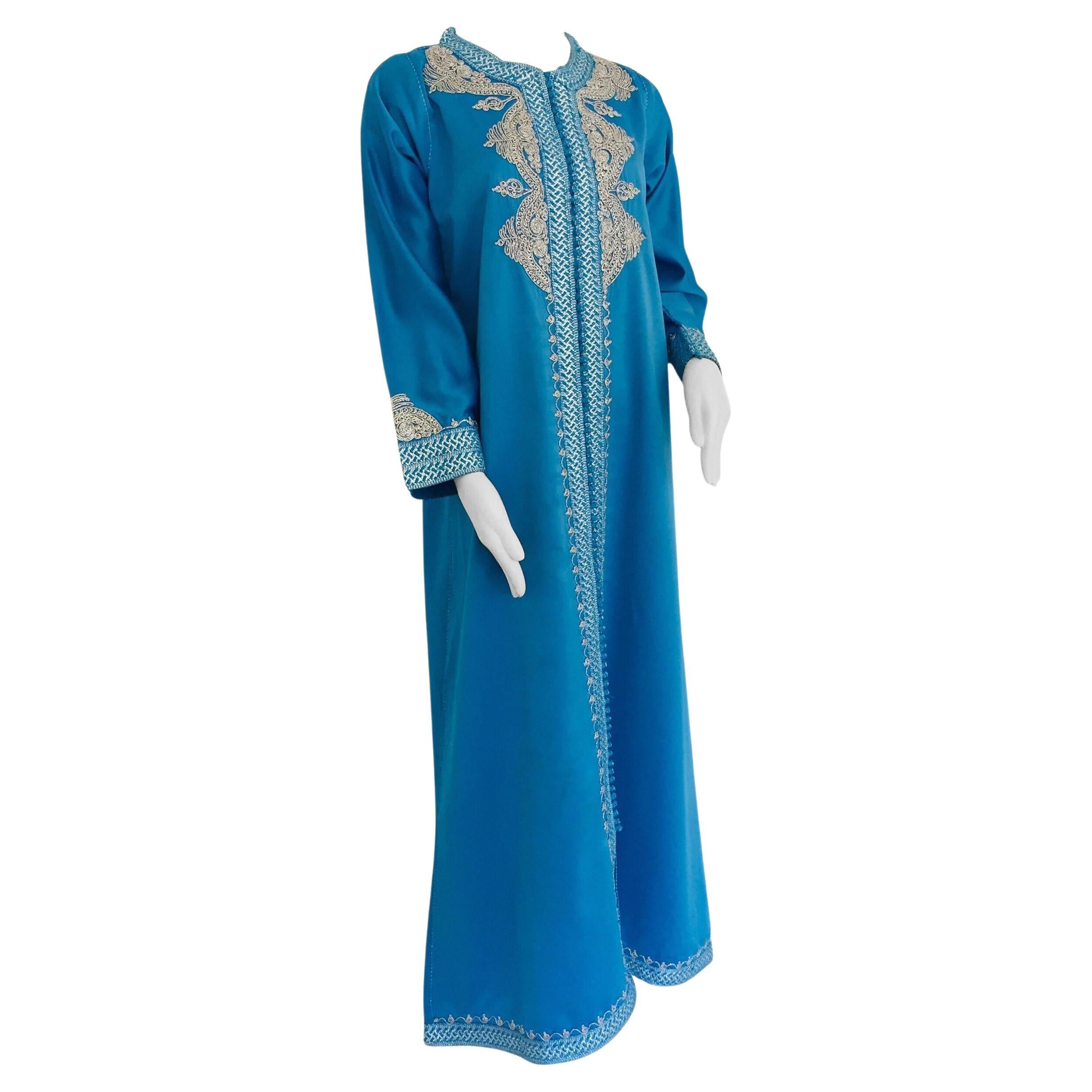 Moroccan Kaftan in Turquoise Blue and Silver For Sale