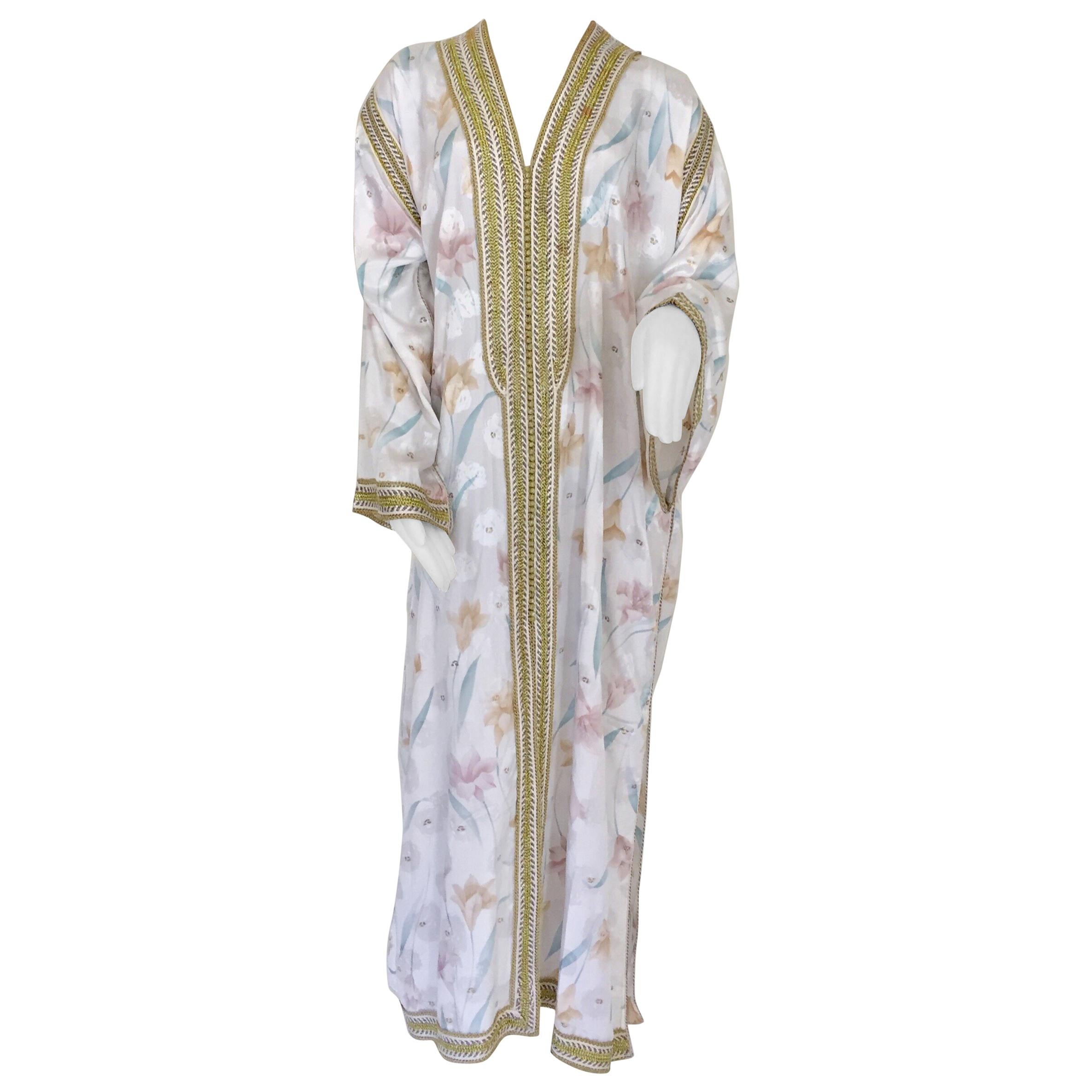 Marokkanisches Kaftan-Maxikleid aus Kaftan Größe Large Floral Weiß und Gold