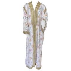 Marokkanisches Kaftan-Maxikleid aus Kaftan Größe Large Floral Weiß und Gold