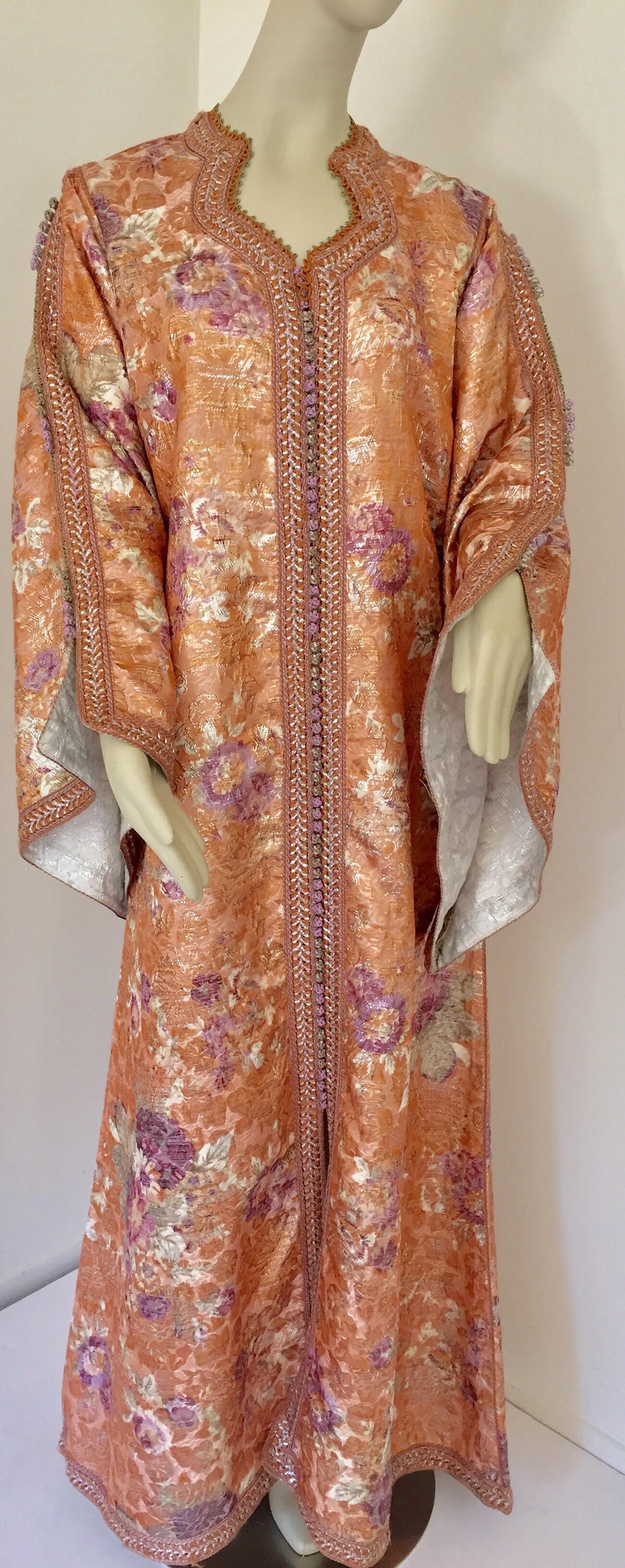 Moroccan Kaftan Orange and Purple Floral with Gold Embroidered Maxi Dress Caftan For Sale 2