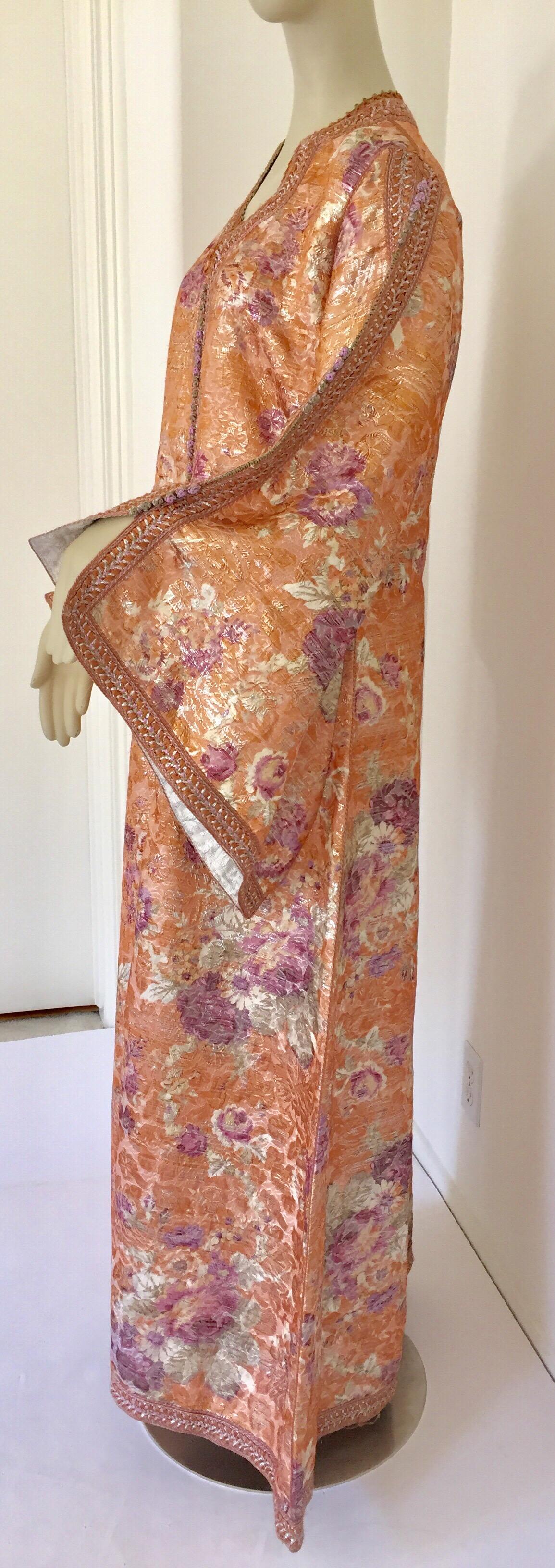 Moroccan Kaftan Orange and Purple Floral with Gold Embroidered Maxi Dress Caftan For Sale 5