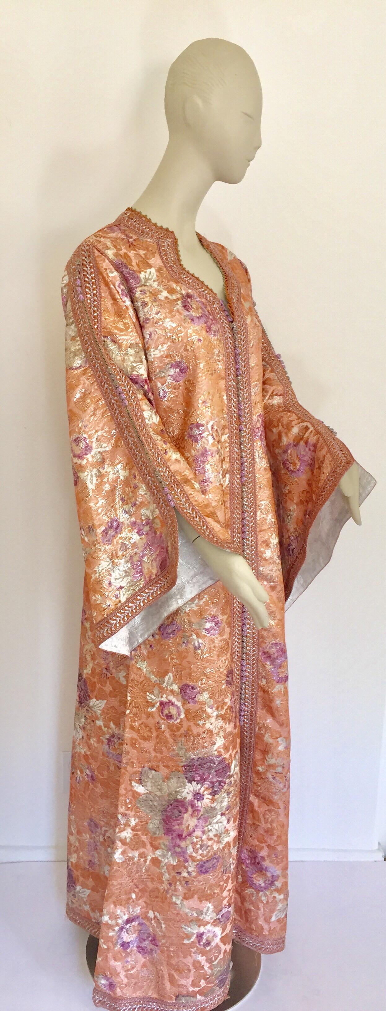 Moroccan Kaftan Orange and Purple Floral with Gold Embroidered Maxi Dress Caftan For Sale 6