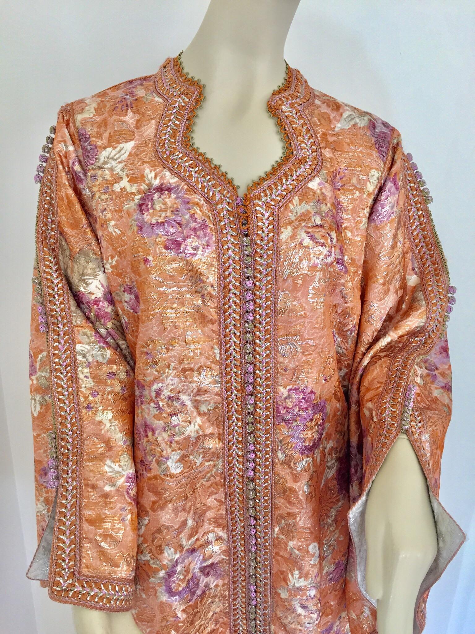 Moroccan Kaftan Orange and Purple Floral with Gold Embroidered Maxi Dress Caftan For Sale 7
