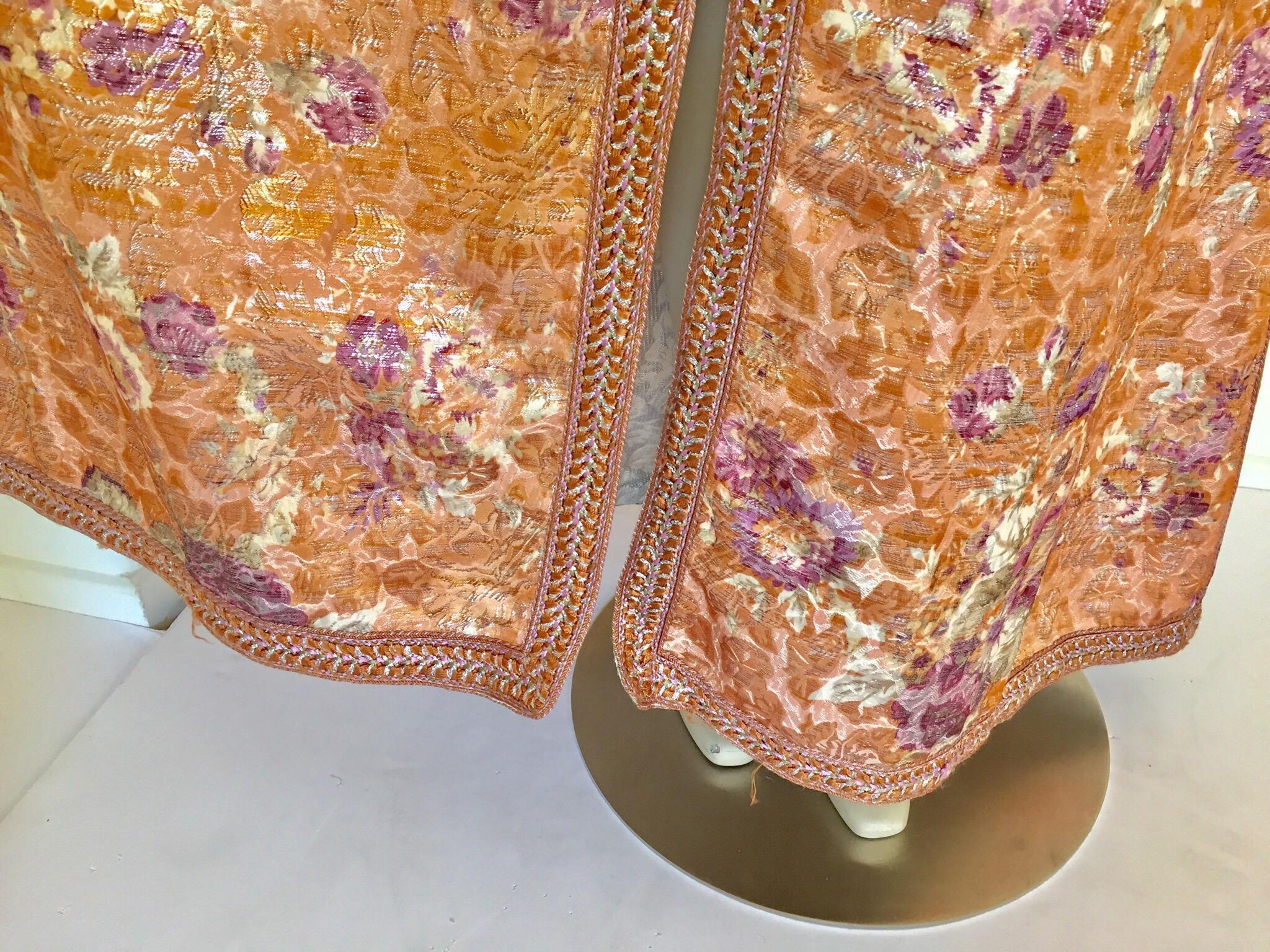 Moroccan Kaftan Orange and Purple Floral with Gold Embroidered Maxi Dress Caftan For Sale 7