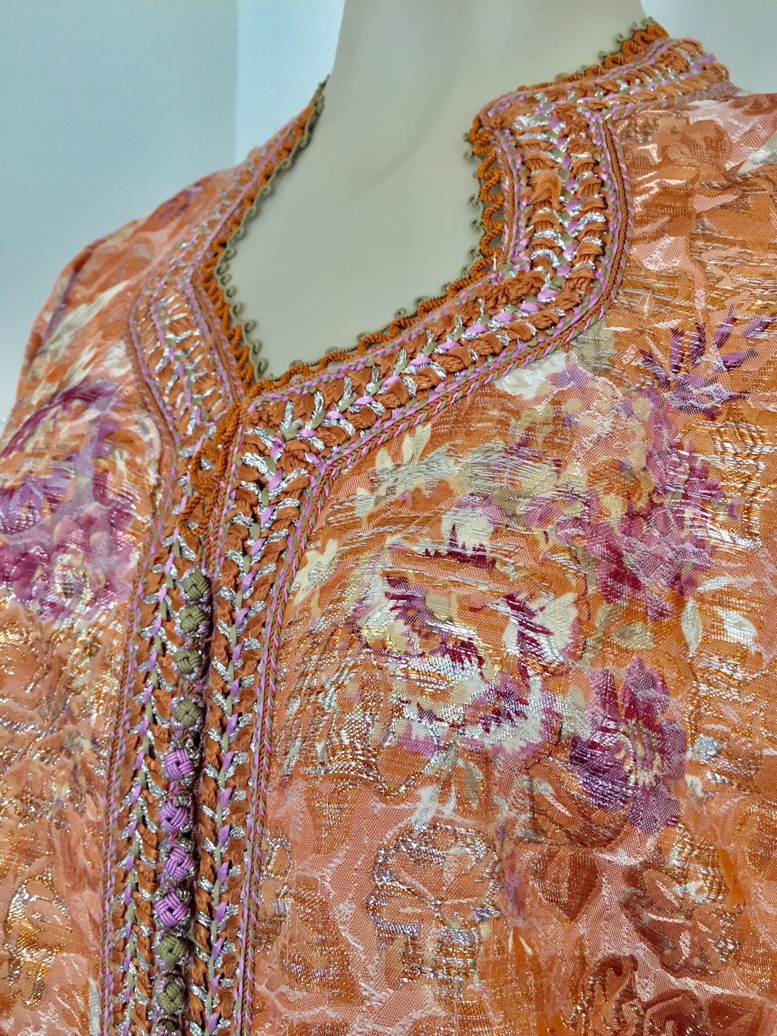 Moroccan Kaftan Orange and Purple Floral with Gold Embroidered Maxi Dress Caftan For Sale 8