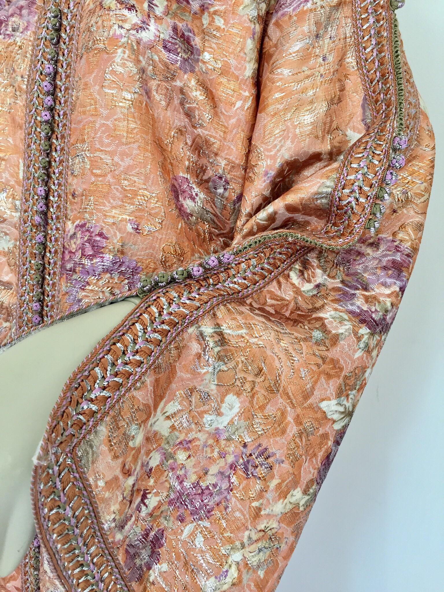 Moroccan Kaftan Orange and Purple Floral with Gold Embroidered Maxi Dress Caftan For Sale 10