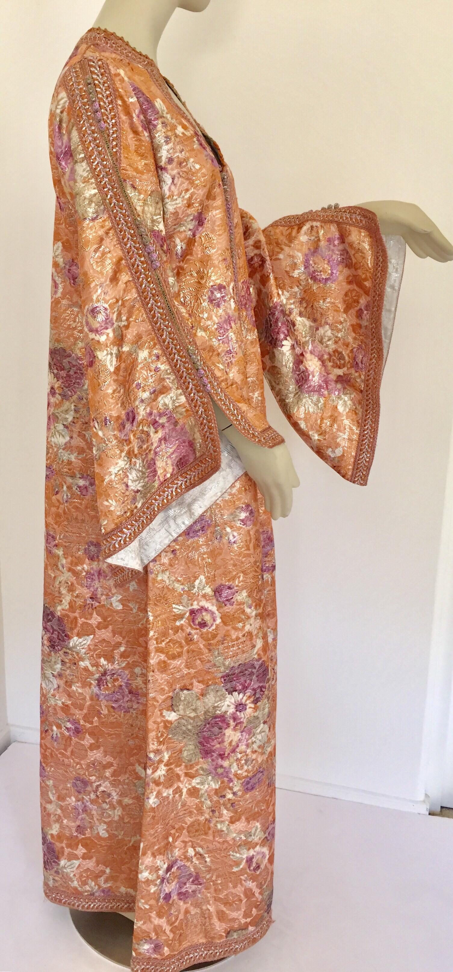 Moroccan Kaftan Orange and Purple Floral with Gold Embroidered Maxi Dress Caftan For Sale 12
