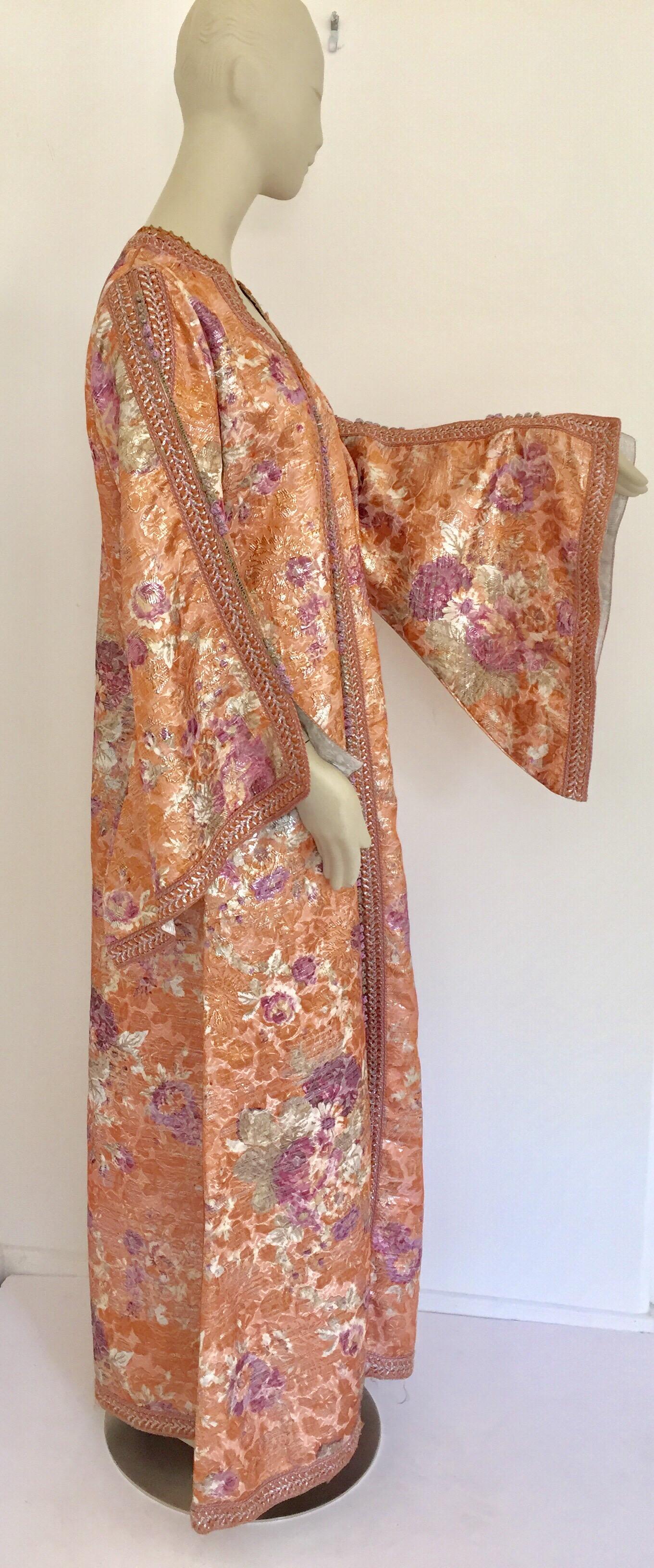Moorish Moroccan Kaftan Orange and Purple Floral with Gold Embroidered Maxi Dress Caftan For Sale