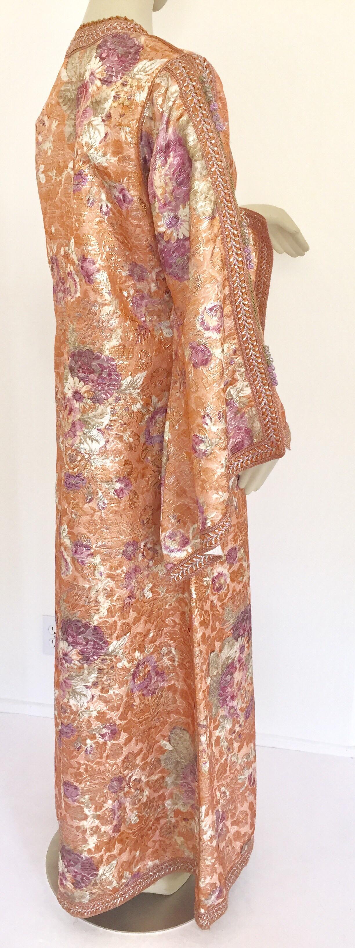 Moroccan Kaftan Orange and Purple Floral with Gold Embroidered Maxi Dress Caftan For Sale 13