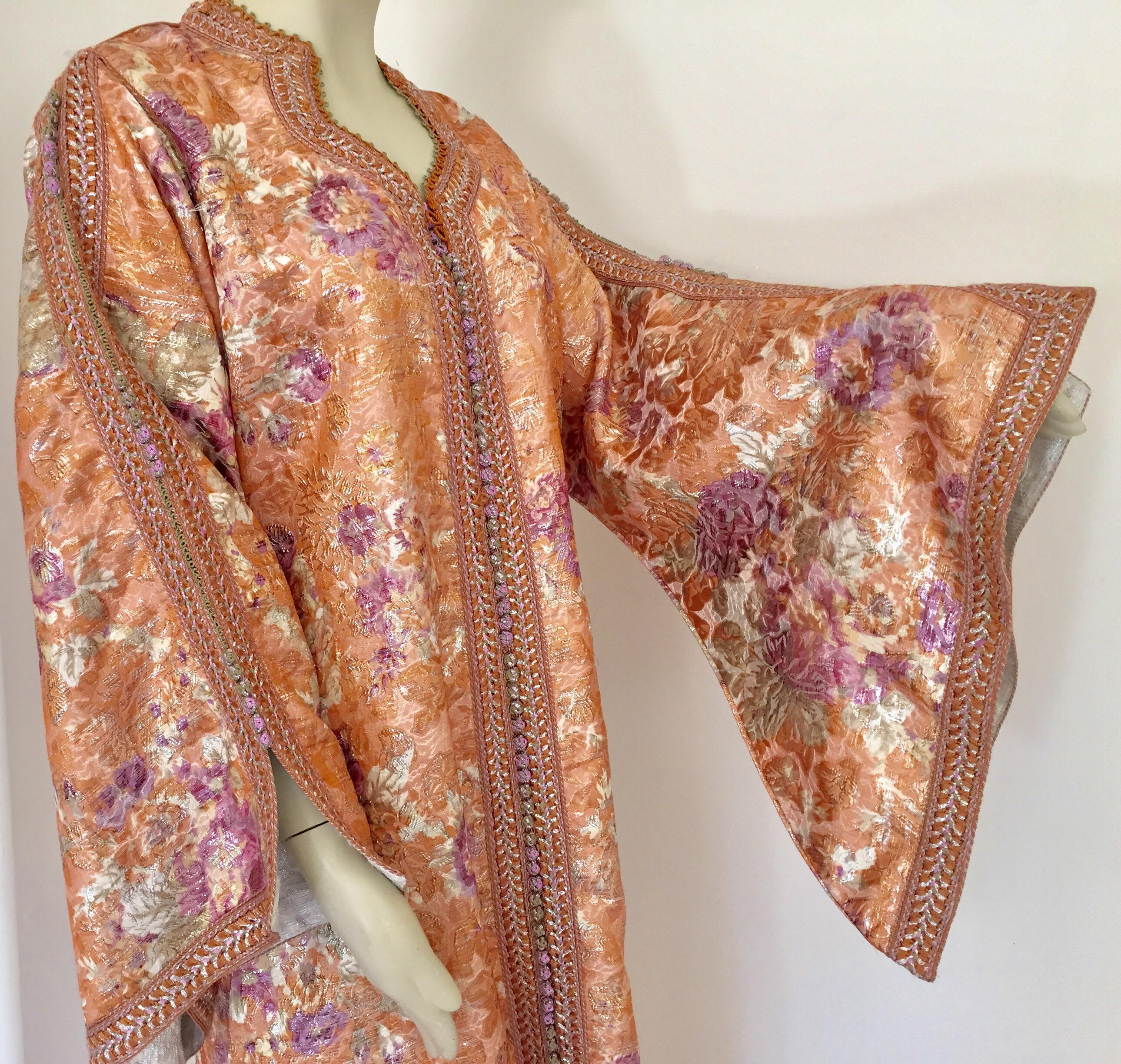 Hand-Crafted Moroccan Kaftan Orange and Purple Floral with Gold Embroidered Maxi Dress Caftan For Sale