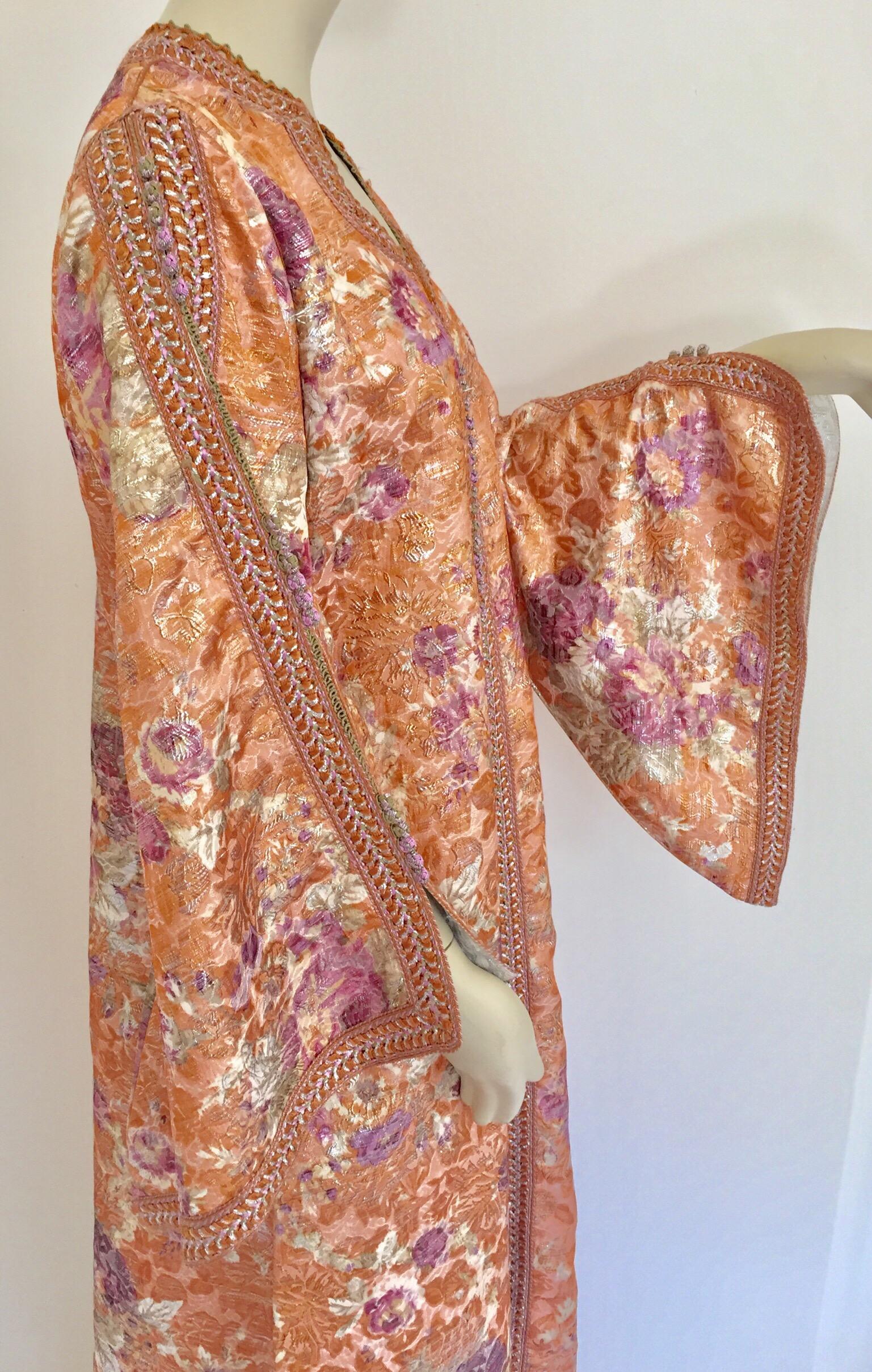 20th Century Moroccan Kaftan Orange and Purple Floral with Gold Embroidered Maxi Dress Caftan For Sale