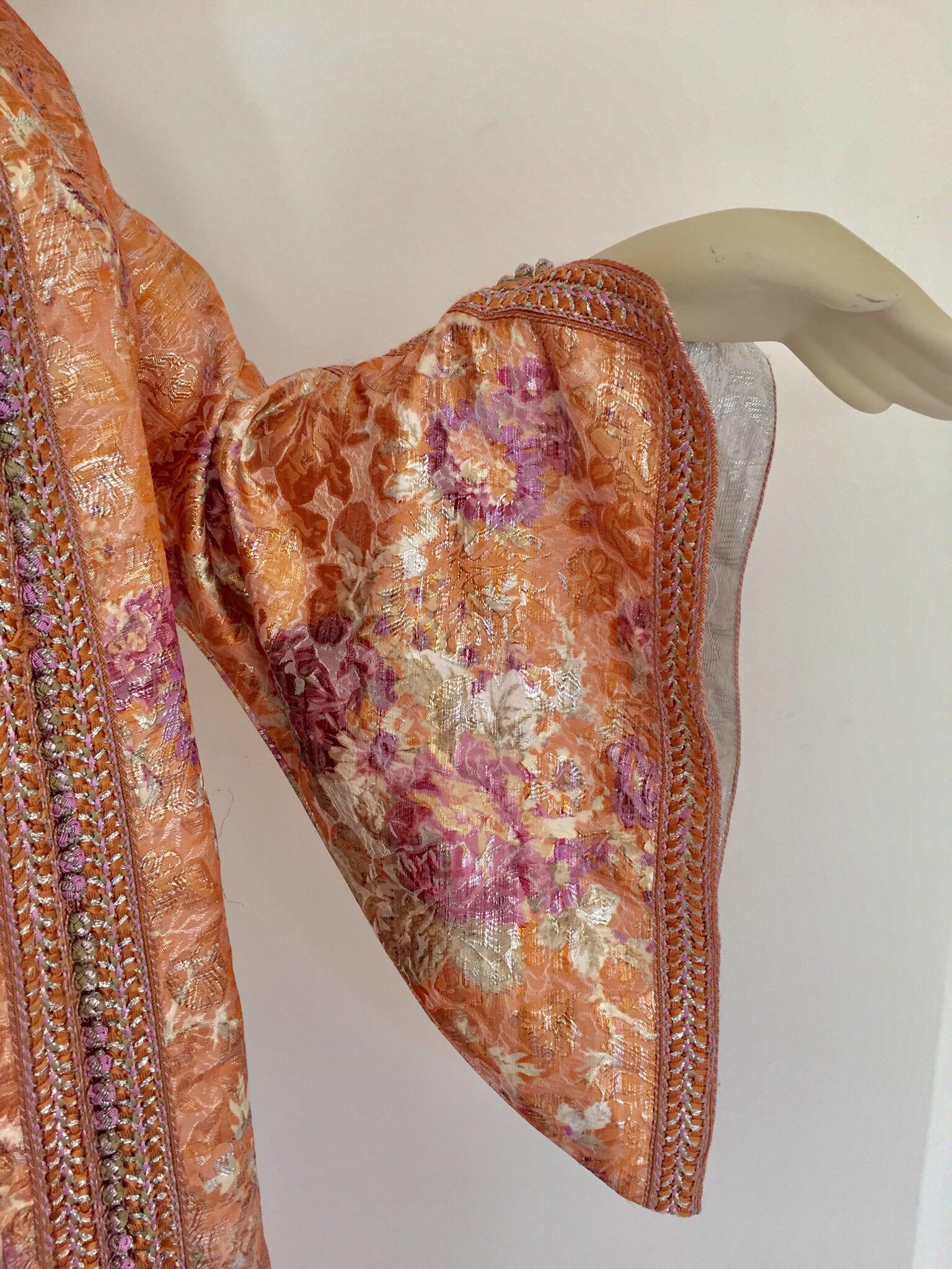 Brocade Moroccan Kaftan Orange and Purple Floral with Gold Embroidered Maxi Dress Caftan For Sale