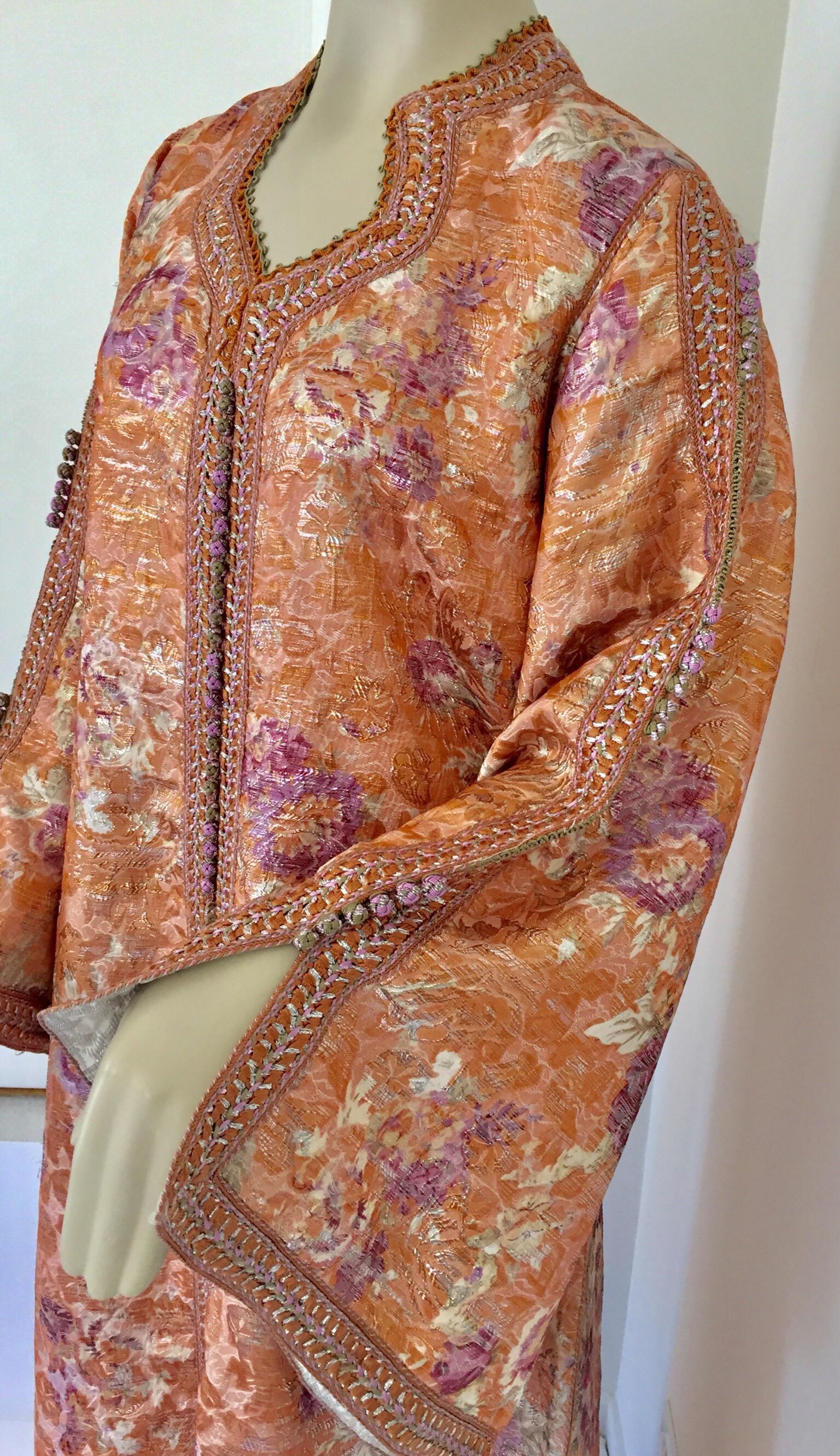 Moroccan Kaftan Orange and Purple Floral with Gold Embroidered Maxi Dress Caftan For Sale 1