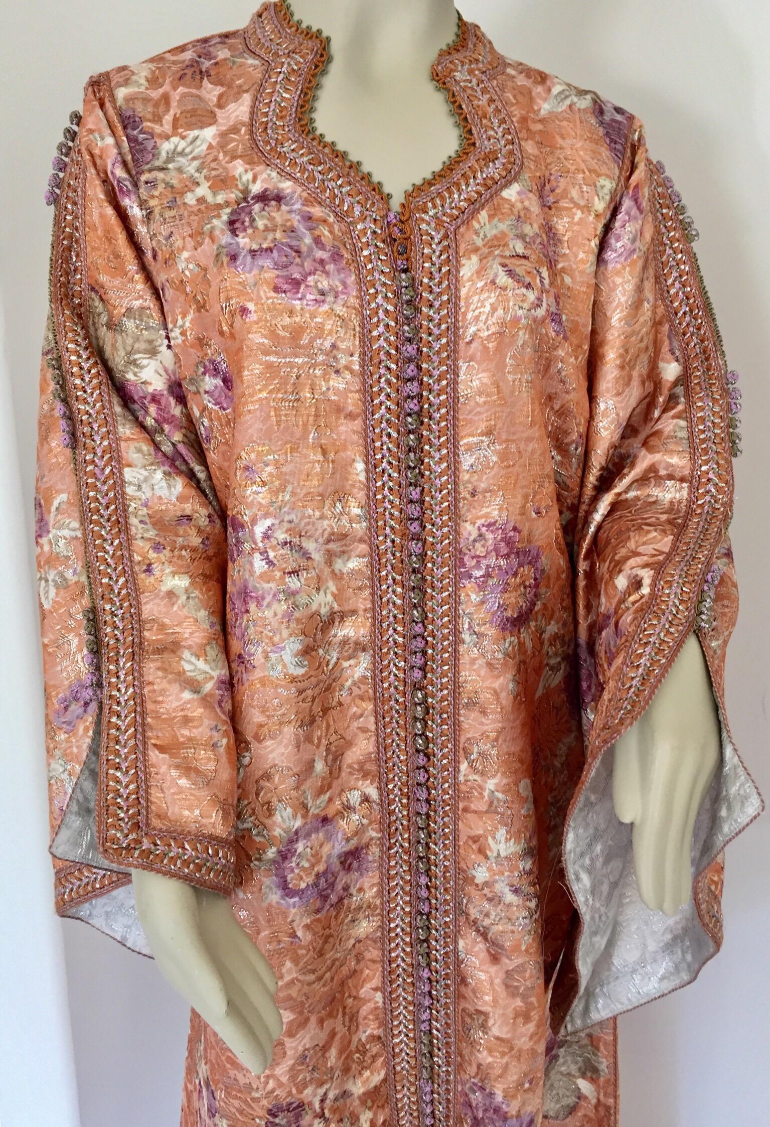 Moroccan Kaftan Orange and Purple Floral with Gold Embroidered Maxi Dress Caftan For Sale 2