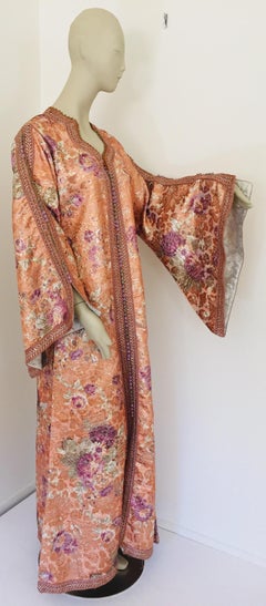 Moroccan Kaftan Orange and Purple Floral with Gold Embroidered Maxi Dress Caftan