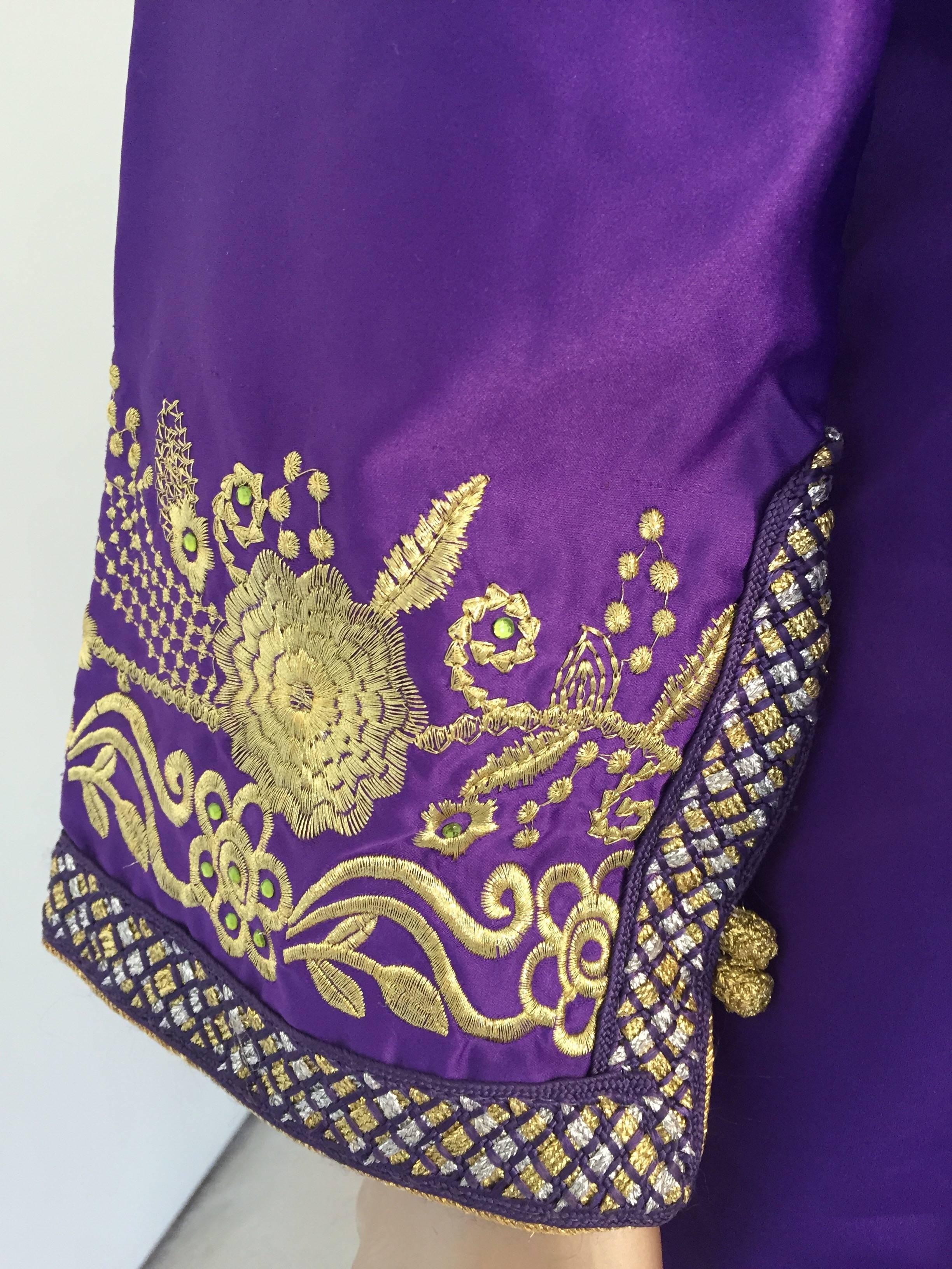 Satin Moroccan Kaftan Purple and Gold Embroidered Maxi Dress Caftan