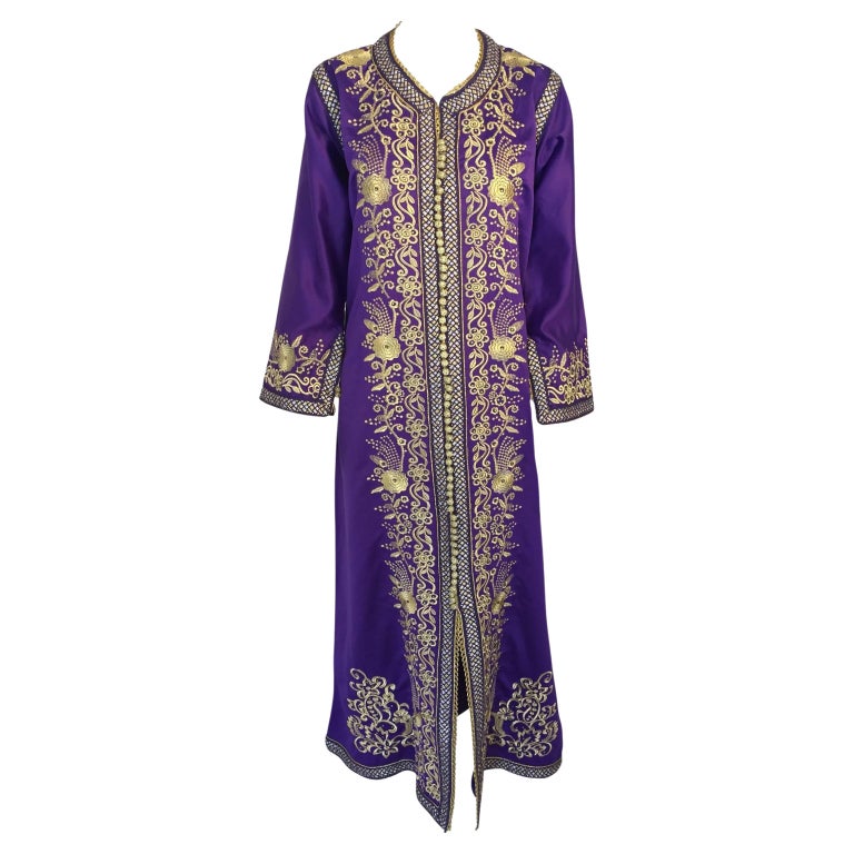 purple and gold kaftan dress Islamic abaya Moroccan caftan style Georgette Fabric, Golden Embroidered, Handmade, Moroccan Style, Turquoise Color Purple / XL main image 0