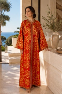 1970s Vintage Moroccan Red Gold Silk Damask Brocade Maxi Caftan