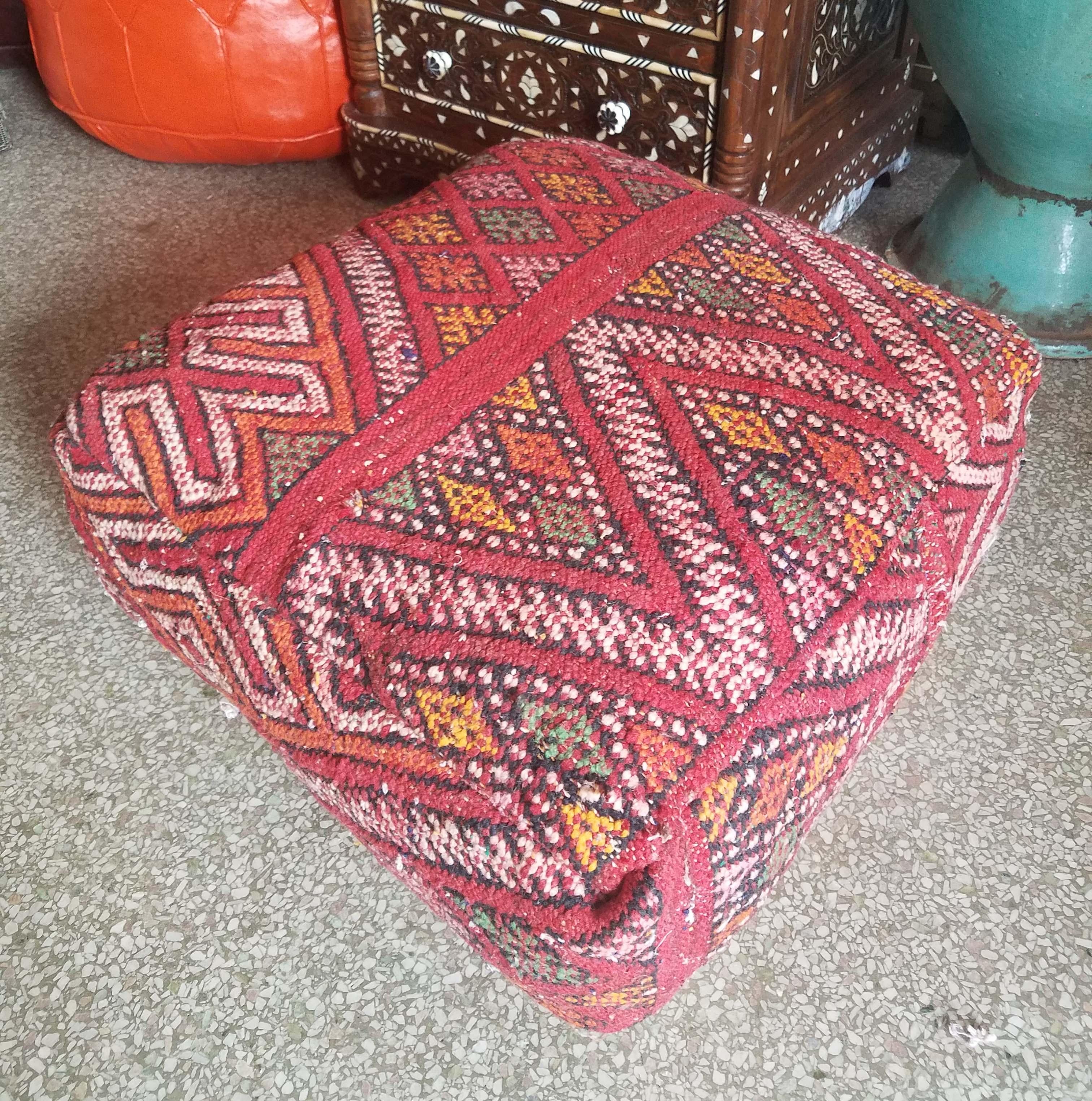 Moroccan Kilim poufs made from re-purposed Moroccan Kilims, all of them Berber vintage. Measuring approximately 24