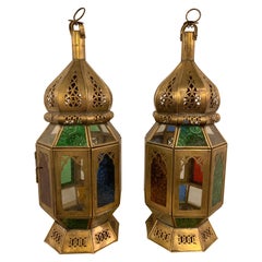 Retro Moroccan Lanterns in Brass with Multicolored Glass, a Pair