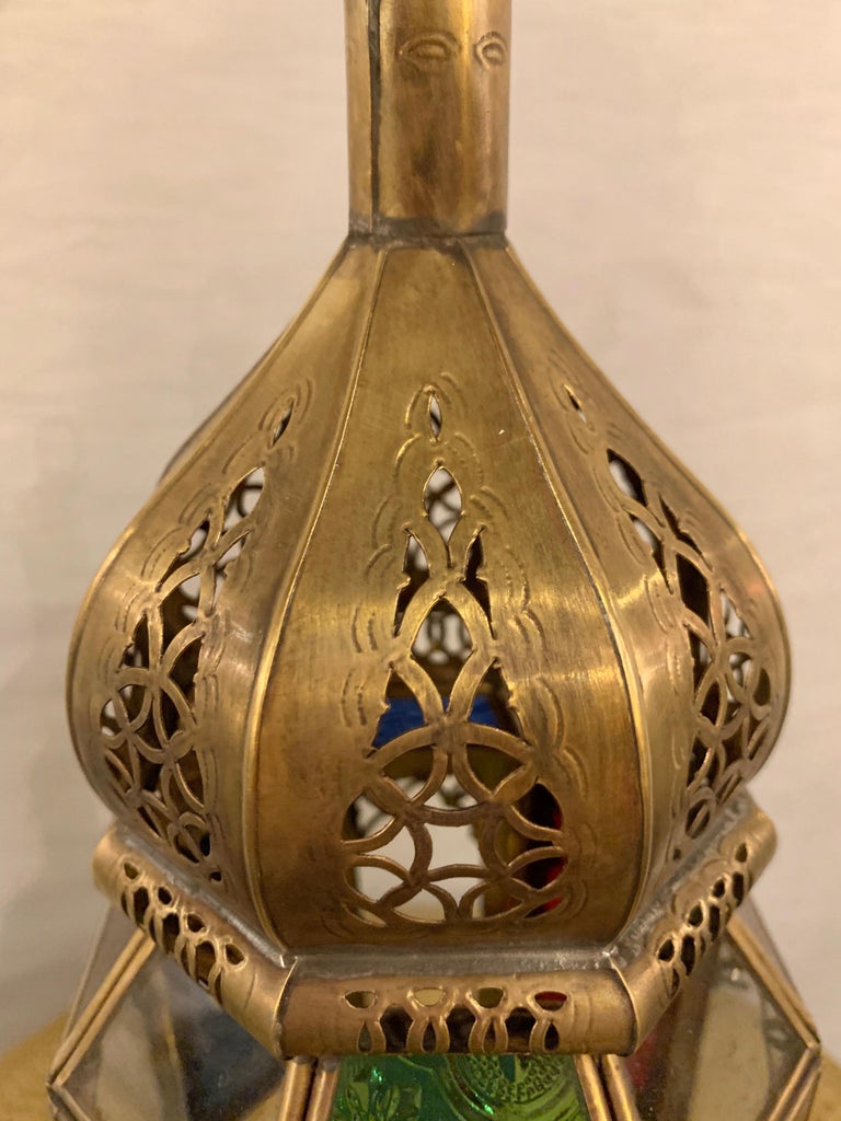 Moroccan Lanterns in Brass with Multicolored Glass, a Pair For Sale at