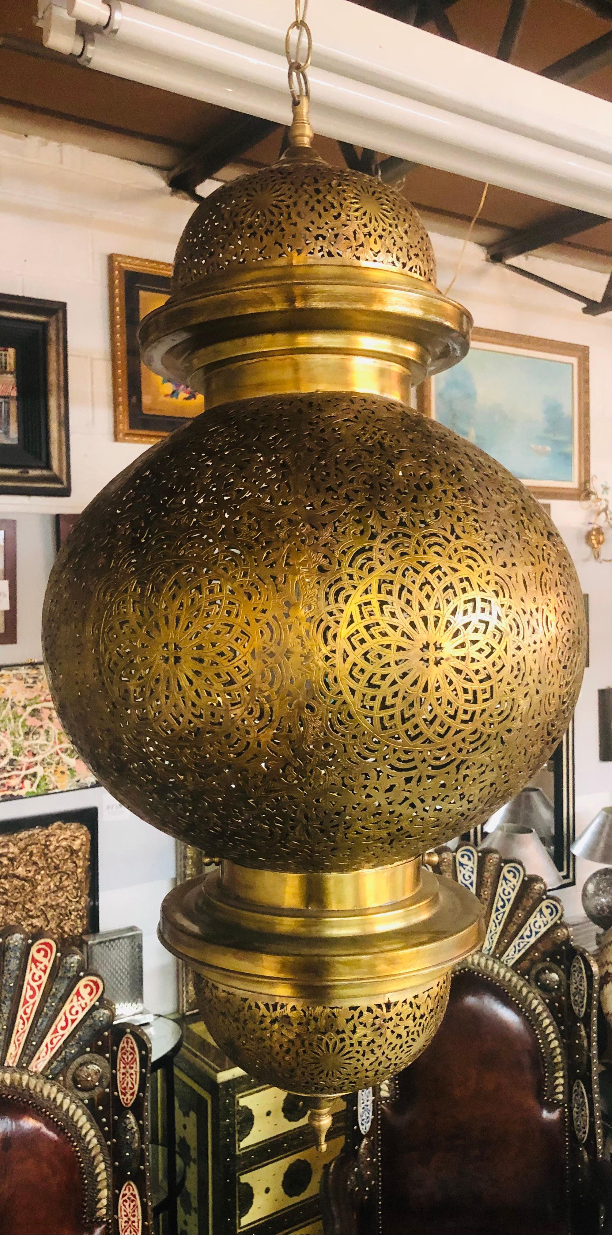 Moroccan Large Brass Chandelier or Pendant with Filigree Design, a Pair In Good Condition In Plainview, NY