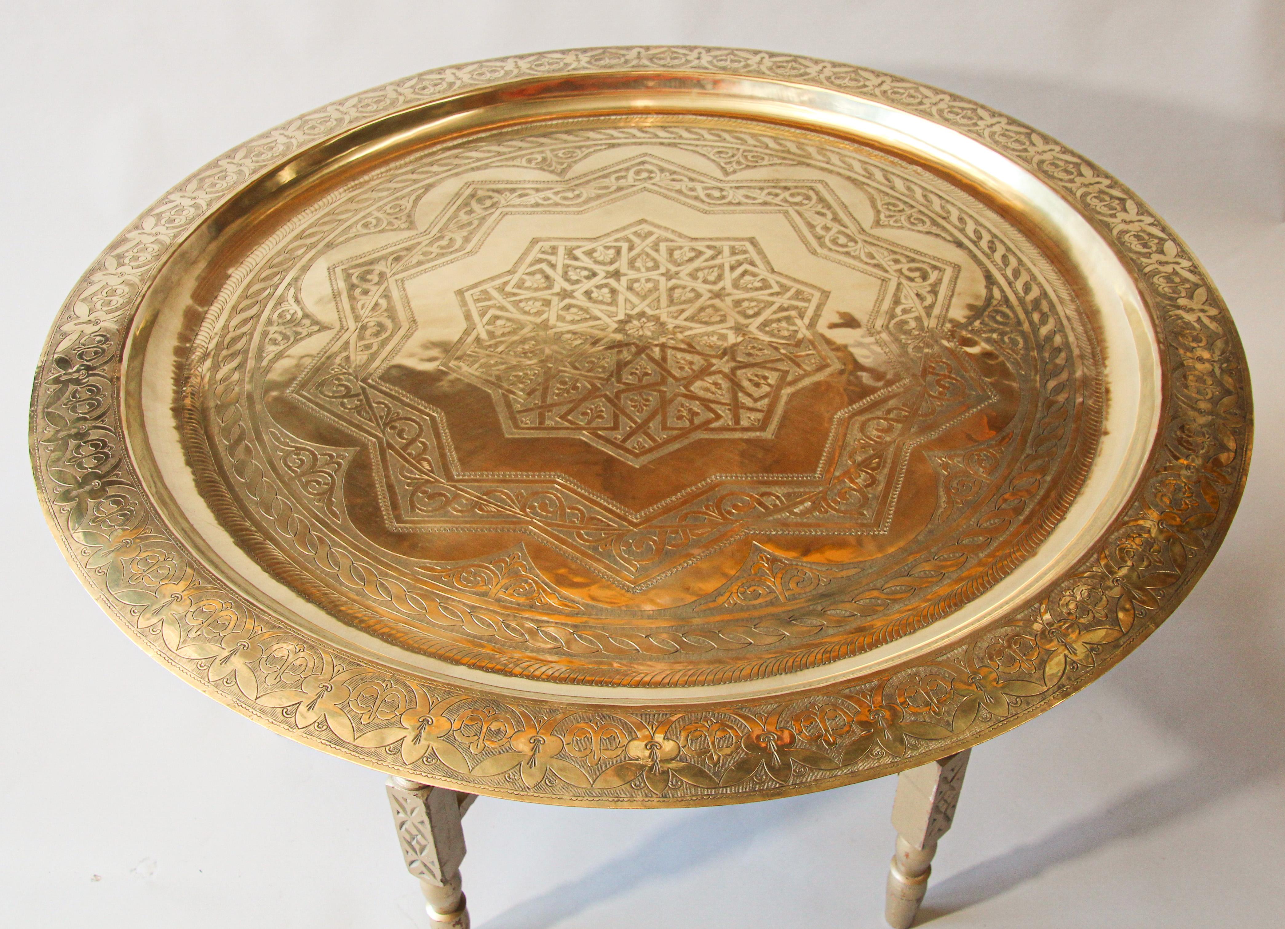 Moroccan Large Polished Brass Tray Table on Folding Stand 40 in.Diameter 2