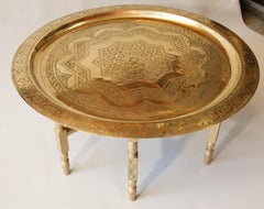 Moroccan Large Polished Brass Tray Table on Folding Stand 40 in.Diameter
