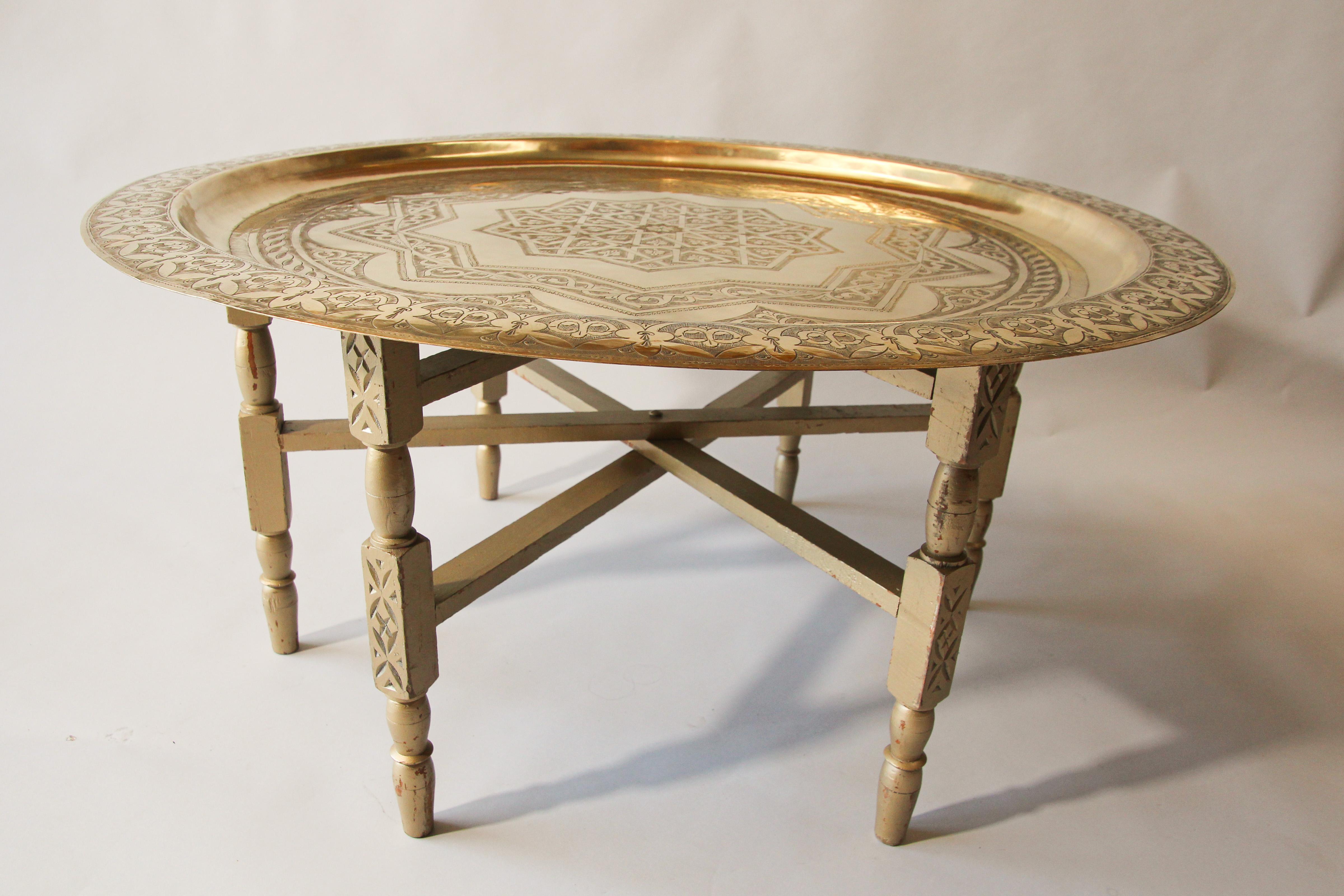 Islamic Moroccan Large Polished Brass Tray Table on Folding Stand 40 in.Diameter